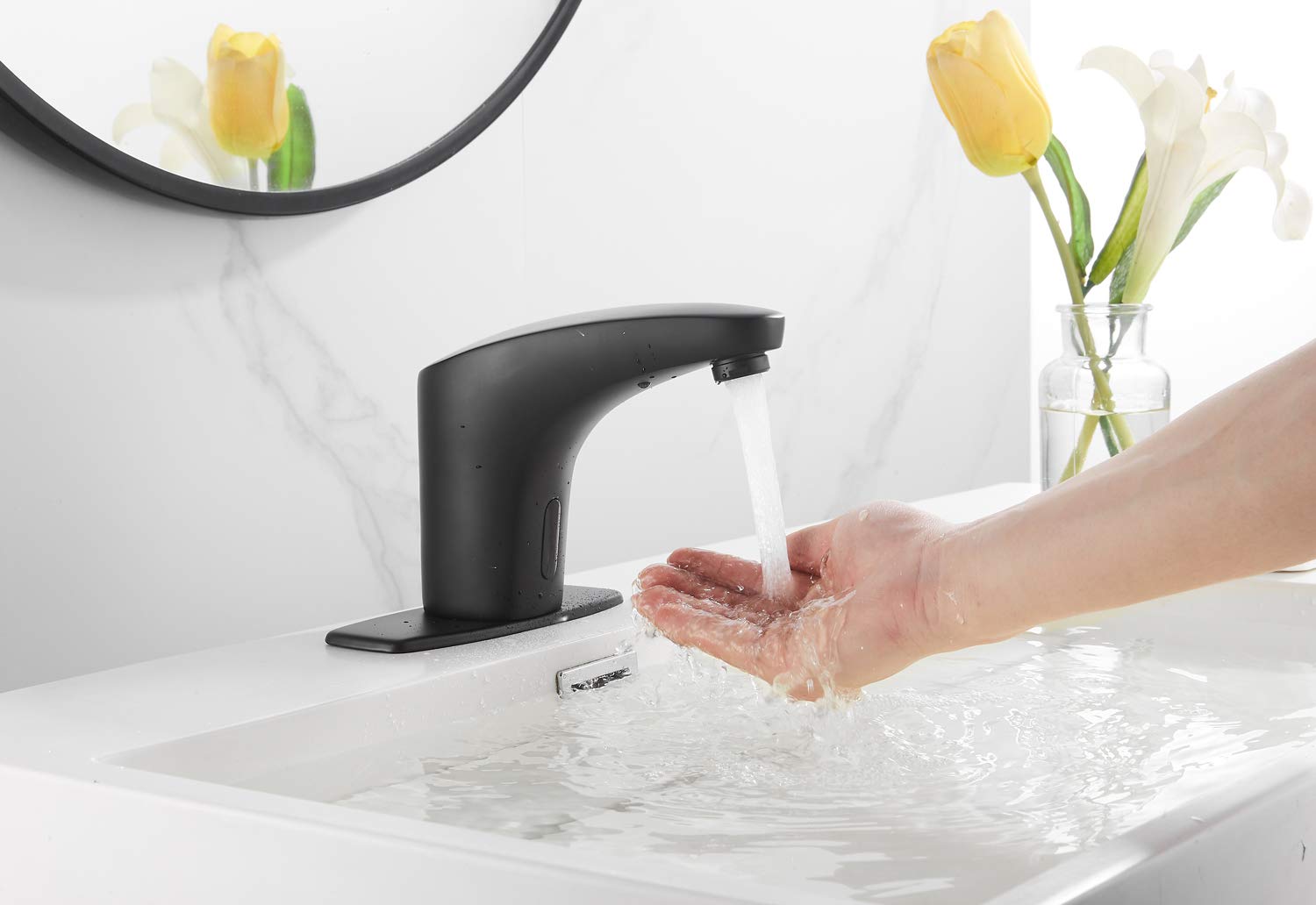 Automatic Touchless Bathroom Sink Faucet - Matte Black Sensor Faucet with Control Box & Temperature Mixer Valve - Dual Powered (Battery/AC) for Vanity, Lavatory, or Basin - Perfect for Modern Homes, Public Restrooms & Water Conservation
