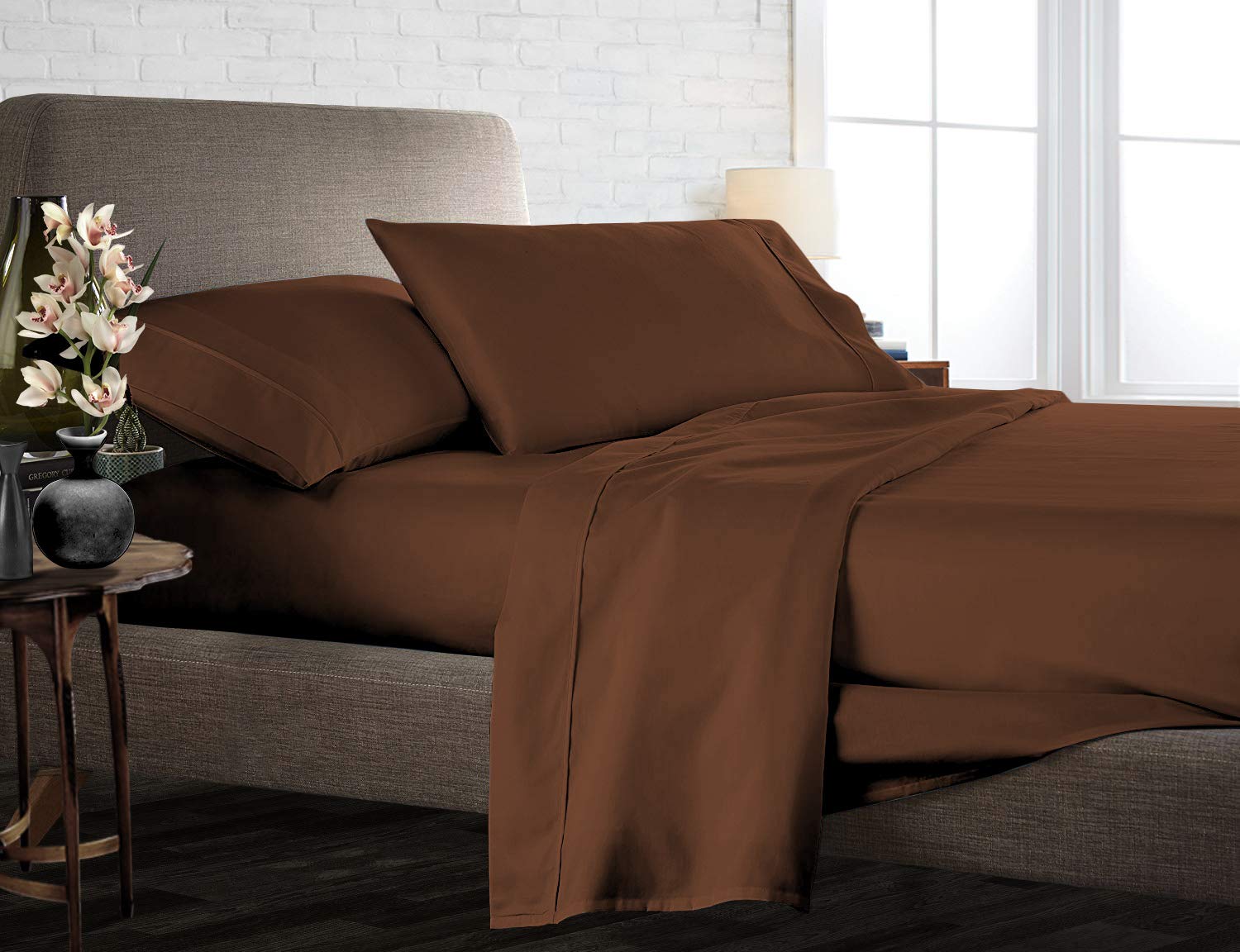 Luxury 850-Thread-Count 100% Egyptian Cotton Bed Sheet Set - 4-Piece Queen Size Chocolate Brown Solid Sheets for Deep Pocket Mattress Up to 18