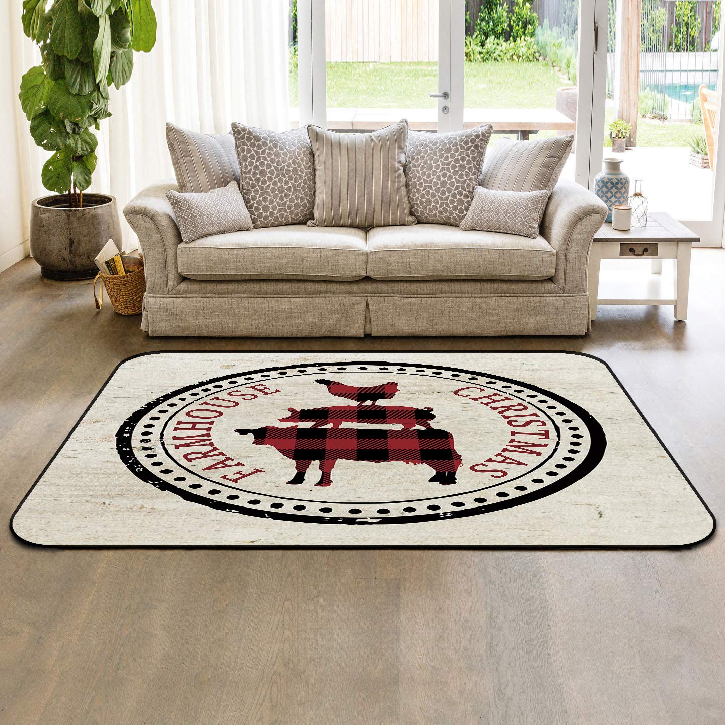 5'x7' Farmhouse Animal Print Non-Skid Area Rug - Washable Woodland Decor Carpet for Living Room, Bedroom & Kids Room (Cow, Pig, Chicken Design) - Perfect for Nursery, Playroom & Christmas Home Decor
