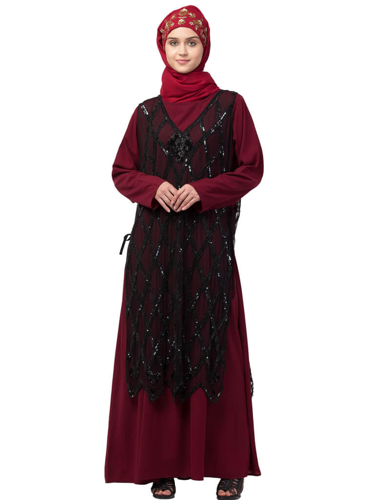 Elegant Black Arabic Two-Piece Diamond Cut Beaded Abaya for Women - Perfect for Parties, Weddings & Special Occasions