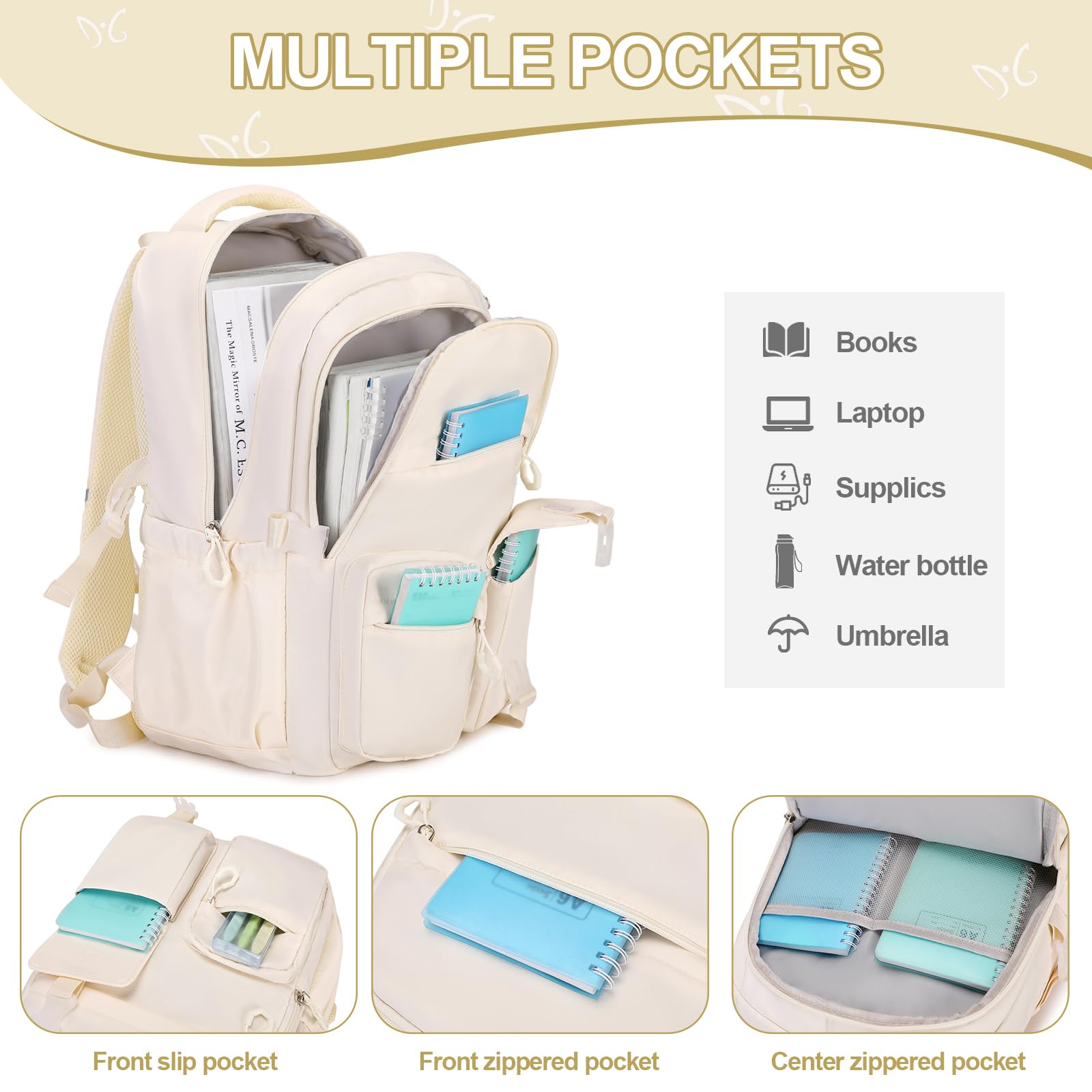 3PCS Girls Backpack Set for School - Cute Kids Backpack with Lunch Bag & Pencil Case, Durable Bookbag for Elementary Middle High College Students (White) - Perfect for School, Travel, and Daily Use