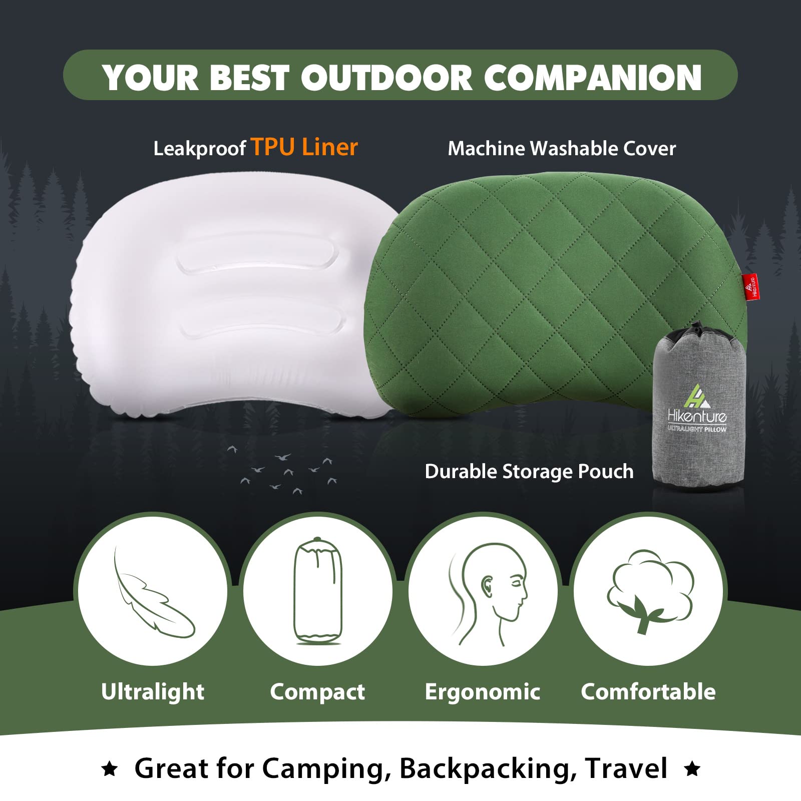 Hikenture Double Sleeping Pad with Foot Pump - 2 Camping Pillows Included | Lightweight Inflatable Air Mattress for Camping, Hiking, Backpacking & Outdoor Adventures (Green)