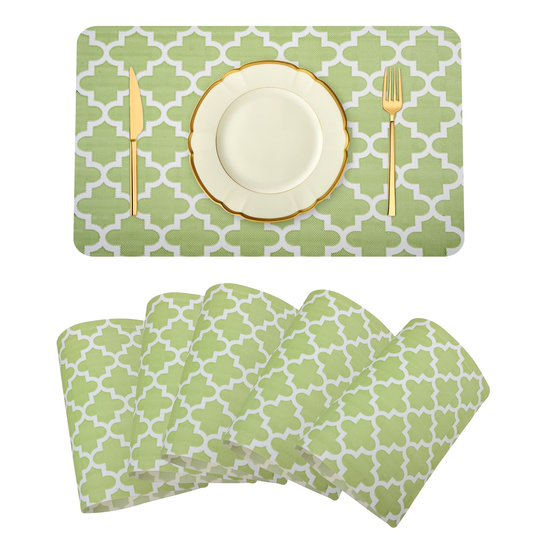 Kuber Industries PVC Anti-Slip Placemats Set - Hexagon Design Kitchen & Dining Table Mats, 6-Piece Green Placemat Set for Home Decor & Daily Use