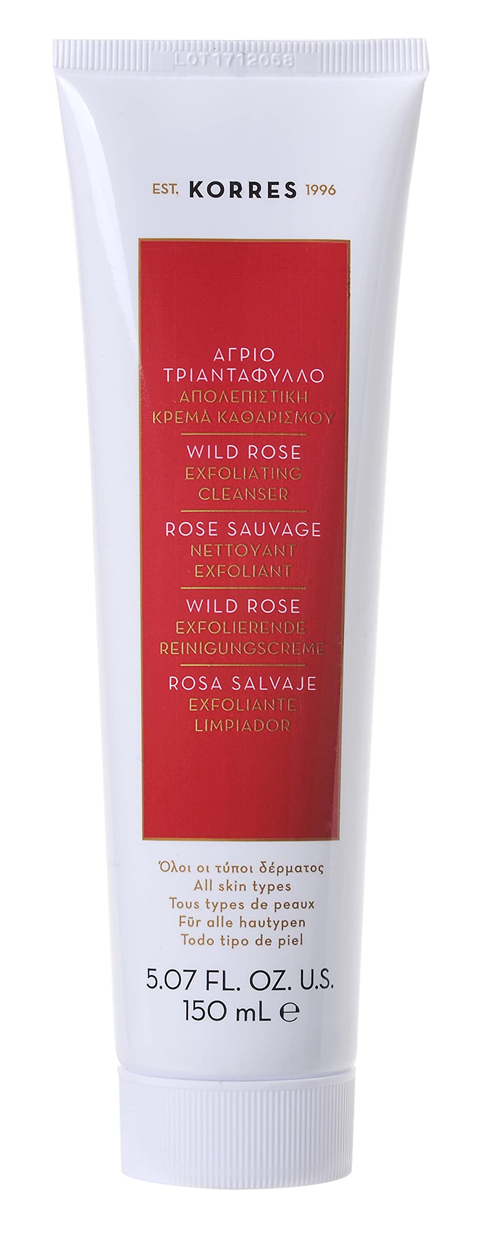 Korres Wild Rose Exfoliating Cleanser - Gentle Face Scrub for Smooth Skin, 6.76 oz | Brightening & Hydrating Facial Cleanser for Daily Use - Perfect for Sensitive & Dry Skin Types