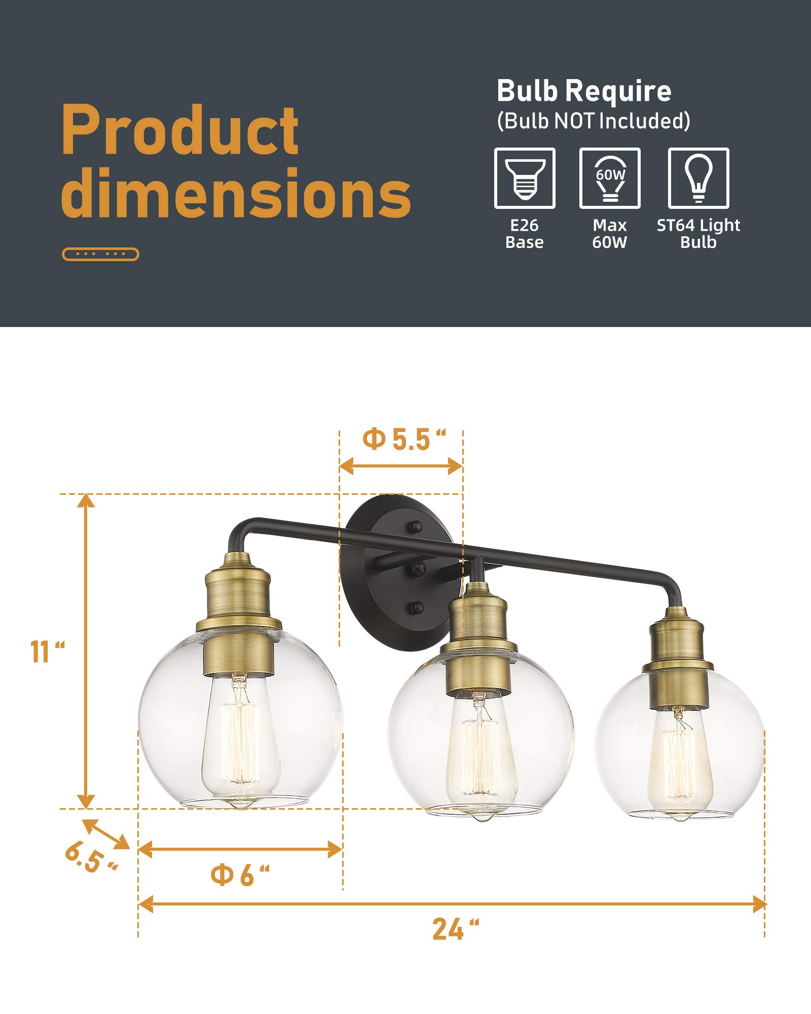 3-Light Bathroom Vanity Lights - Matte Black & Antique Brass Finish with Clear Glass Shade - Modern Bathroom Lighting Fixtures for Mirror - Perfect for Bathroom, Powder Room & Dressing Room Makeup Lighting (Model KW-7221-3)