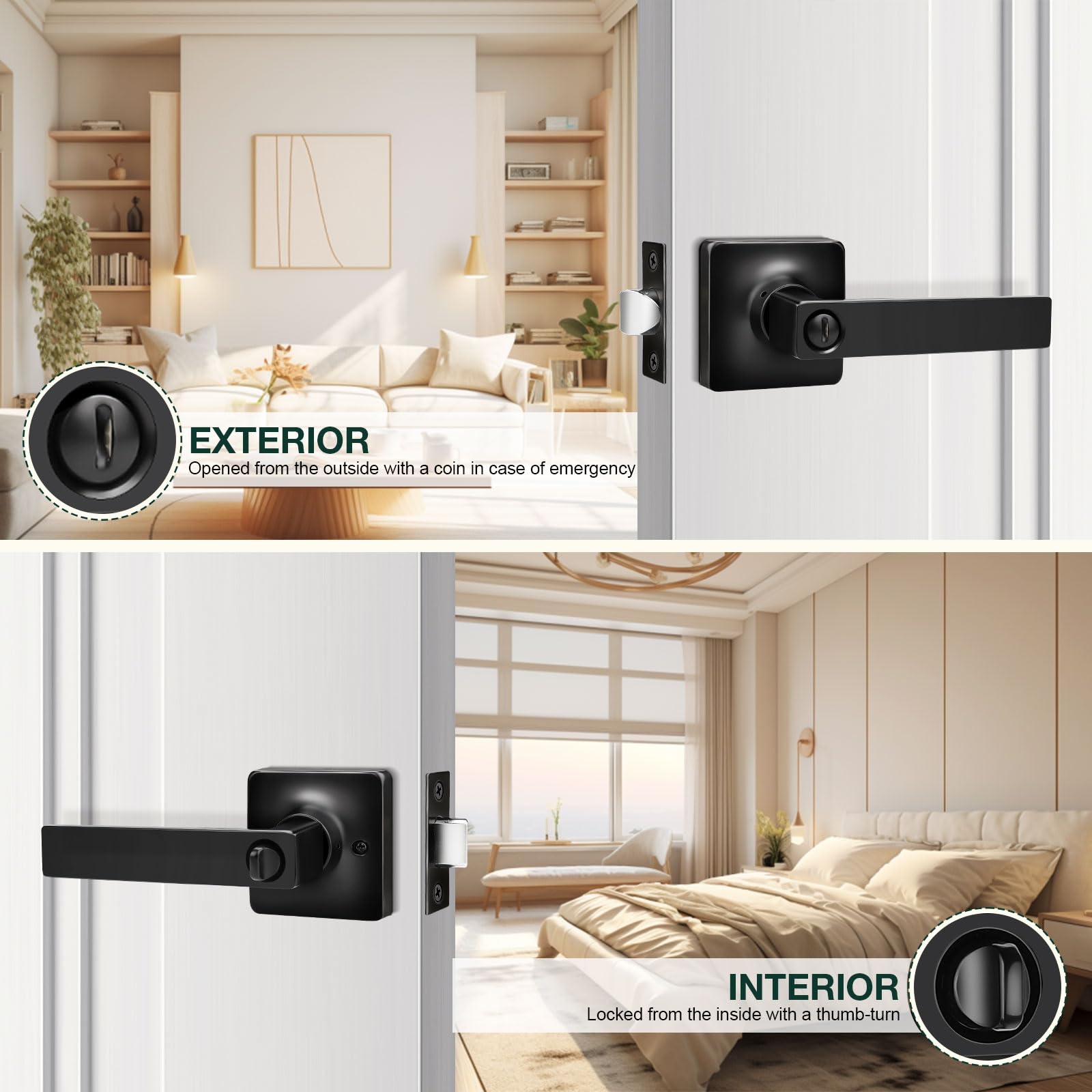Gobekor 3-Pack Matte Black Privacy Door Handles - Square Lever Interior Door Handles with Lock - Modern Door Hardware for Bedroom, Bathroom & Office Privacy