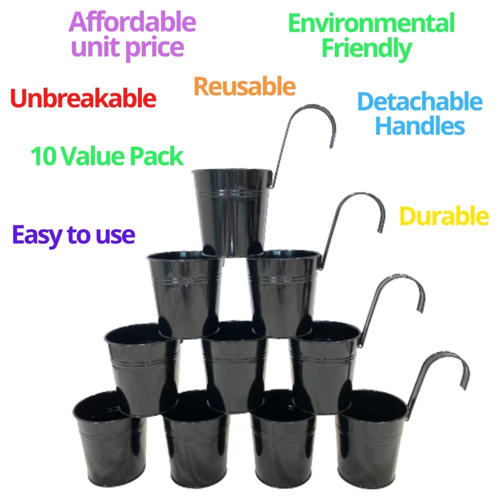 10-Pack 4 Inch Black Metal Flower Pots with 5-Piece Wooden Plant Holder Set - Super Value Vertical Garden Kit for Herbs, Succulents & Indoor Plants | Perfect for Wall Mounted Decor, Green Walls & Home Gardening