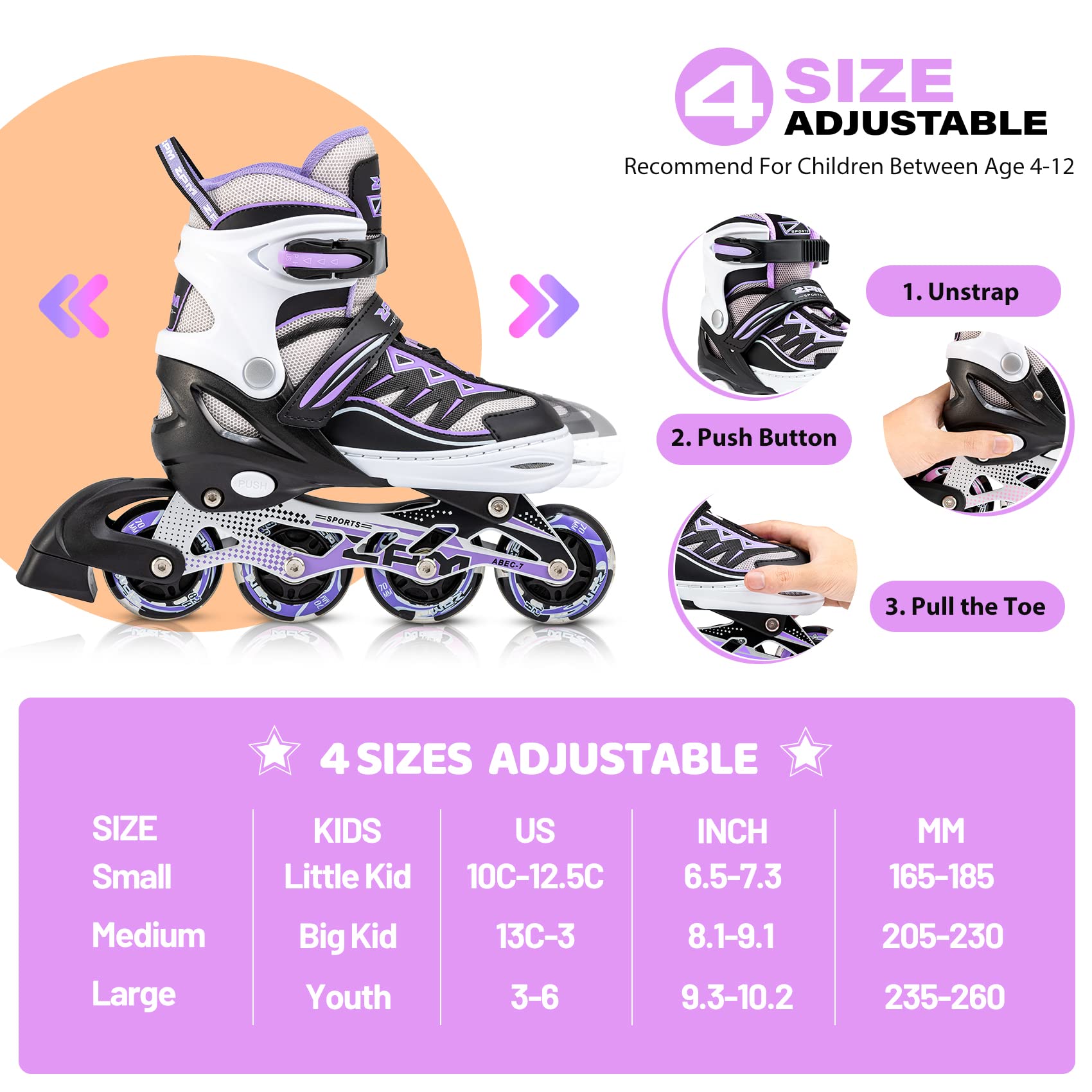 2PM SPORTS Cytia Pink Adjustable Light Up Inline Skates for Girls - Illuminating Wheels, Fun Flashing Roller Skates for Kids & Beginners - Perfect for Outdoor Play, Birthday Gifts & Roller Skating Rinks