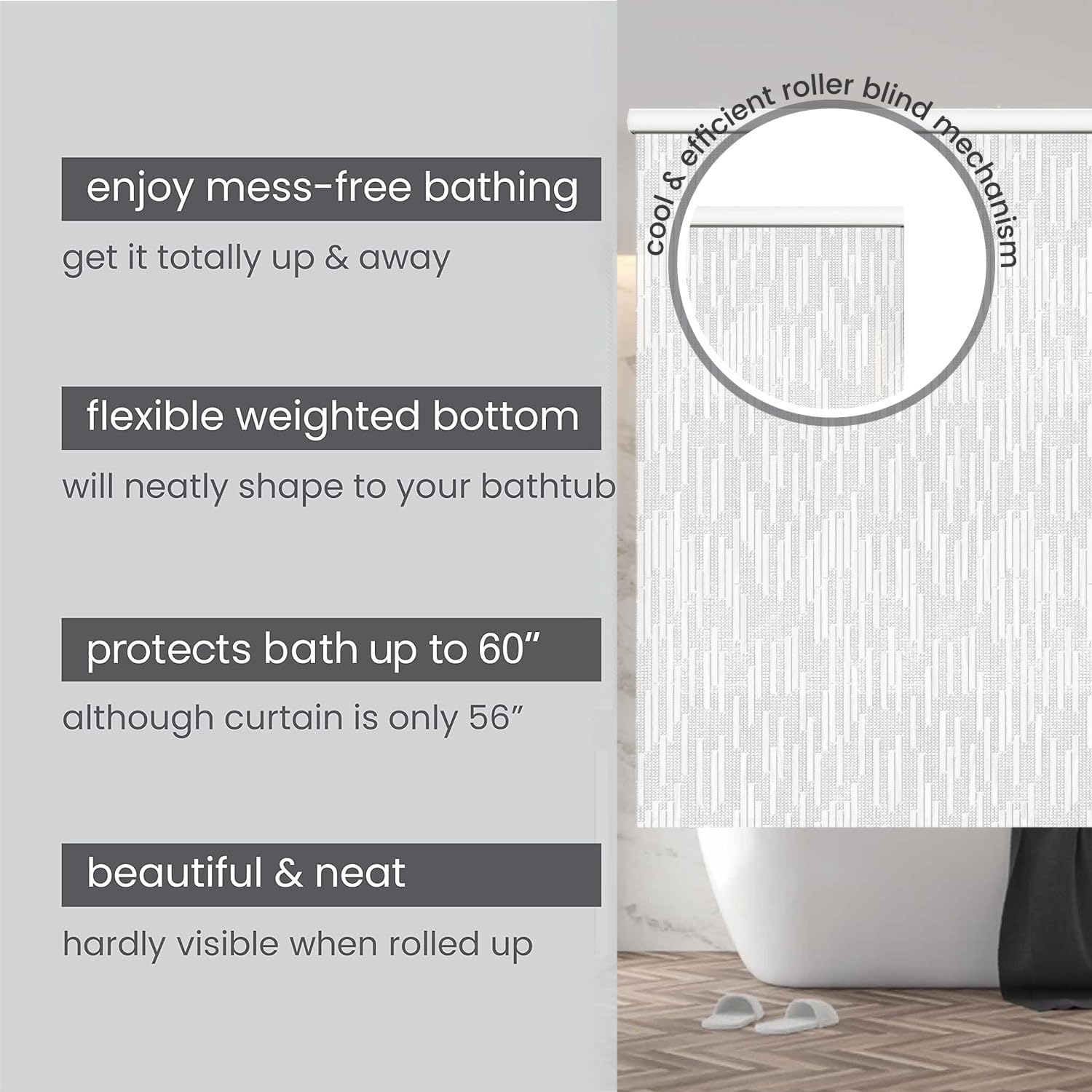 Waterproof Rollup Shower Curtain for Bathroom - 100% PEVA Heavy Duty Bathtub Roller Blind Curtain (56
