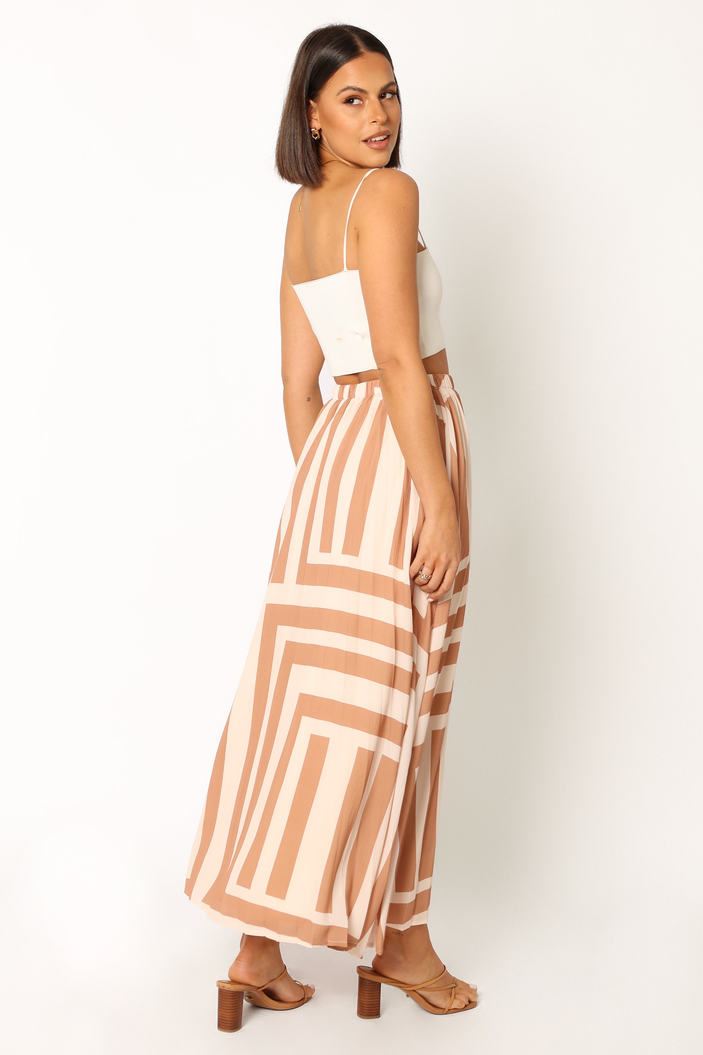 Elke Pleat Midi Skirt in Tan - Stylish A-Line Skirt for Women | Perfect for Office, Date Night & Casual Outings