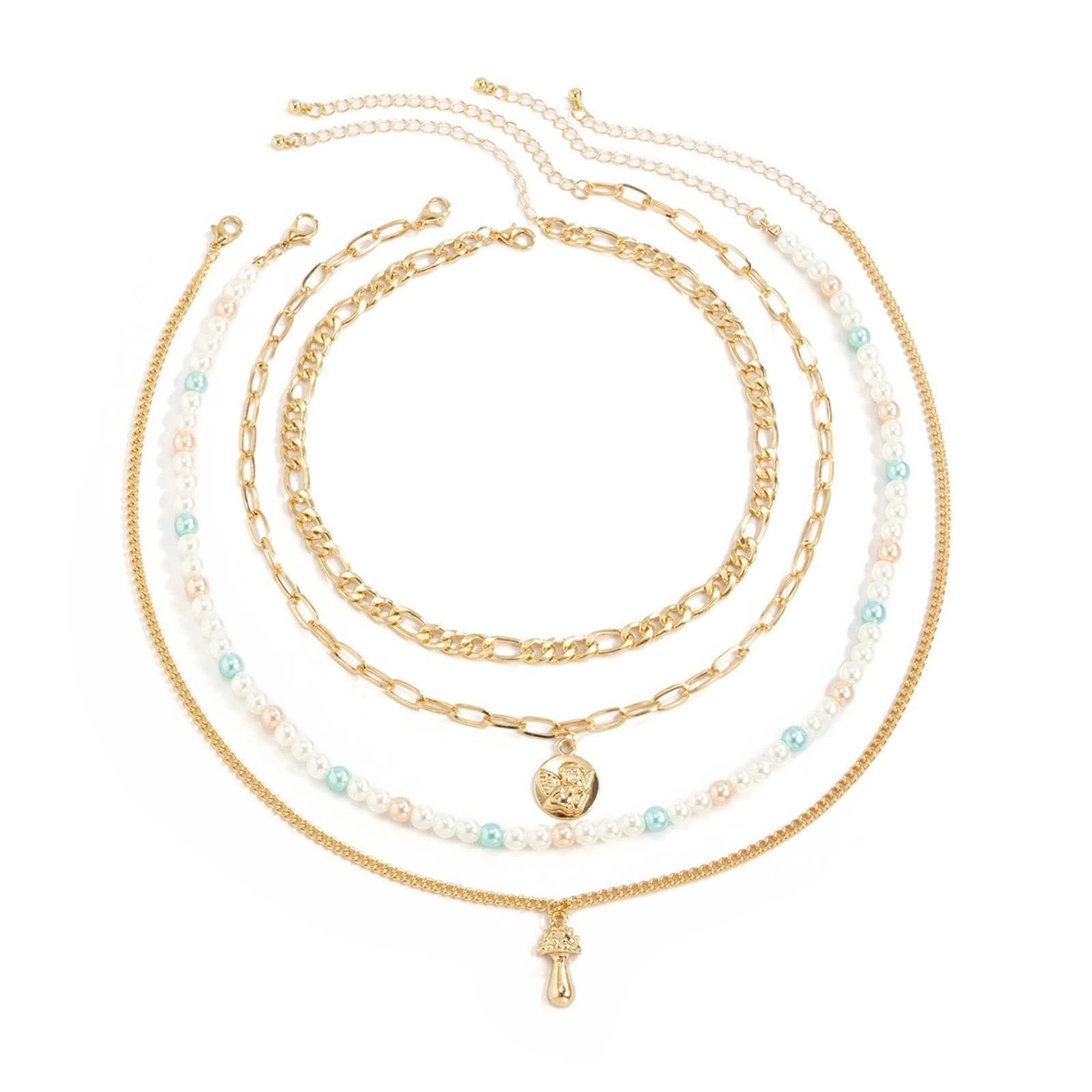 4-Piece Layered Necklace Set for Women - Colorful Pearl, Angel & Mushroom Pendant Dainty Jewelry - Perfect for Prom, Vacation & Everyday Wear