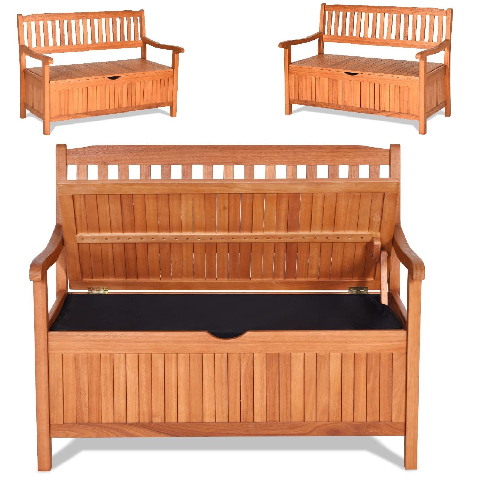Safstar Outdoor Patio Bench with Storage Box - 33 Gallon Capacity, Wooden Frame, Eucalyptus Material, Natural Color - 42 x 23 x 35.5 Inches - Perfect for Garden, Backyard, Deck, and Outdoor Seating