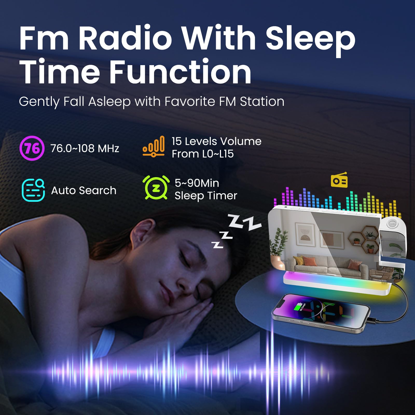 Digital Projection Alarm Clock with LED Mirror Display - 180° Rotatable Projector, RGB Night Light, USB Charger, Auto Dimmer & Snooze Function | Perfect for Bedrooms, Home Office & Travel (White)