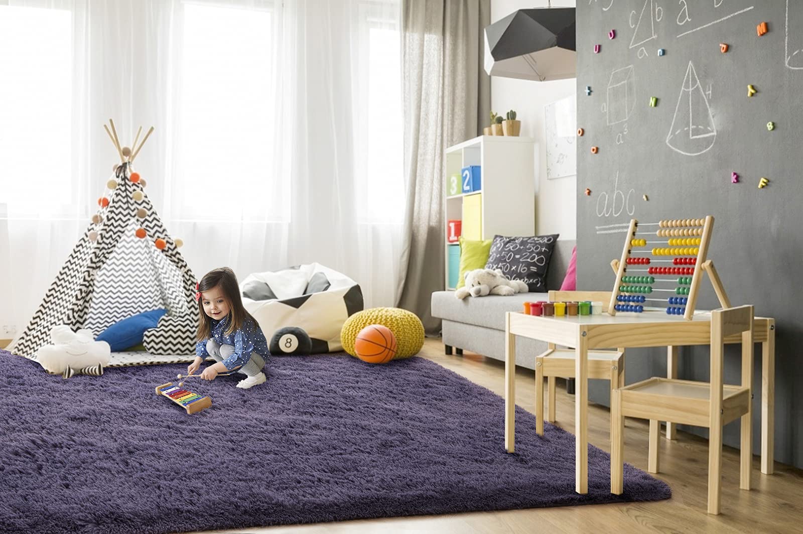 TWINNIS 5x8 Feet Super Soft Shaggy Fluffy Area Rug - Plush Modern Indoor Carpet for Living Room, Bedroom, Nursery & Kids Room - Non-Slip Rectangular Fuzzy Home Decor Rug in Grey Purple - Perfect for Cozy Floor Comfort, Family Gatherings and Stylish Home Makeover
