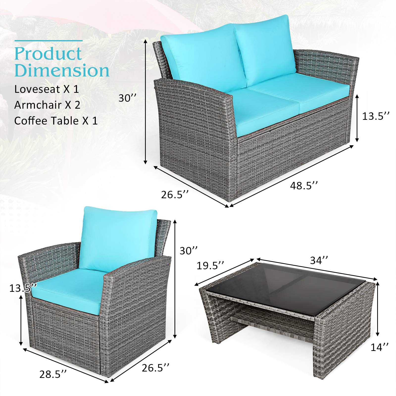 Tangkula 4-Piece All-Weather Outdoor Patio Furniture Set - Wicker Rattan Sectional Sofa with Cushions & Tempered Glass Table - Turquoise Conversation Set for Backyard, Garden, Poolside, Deck & Patio Relaxation
