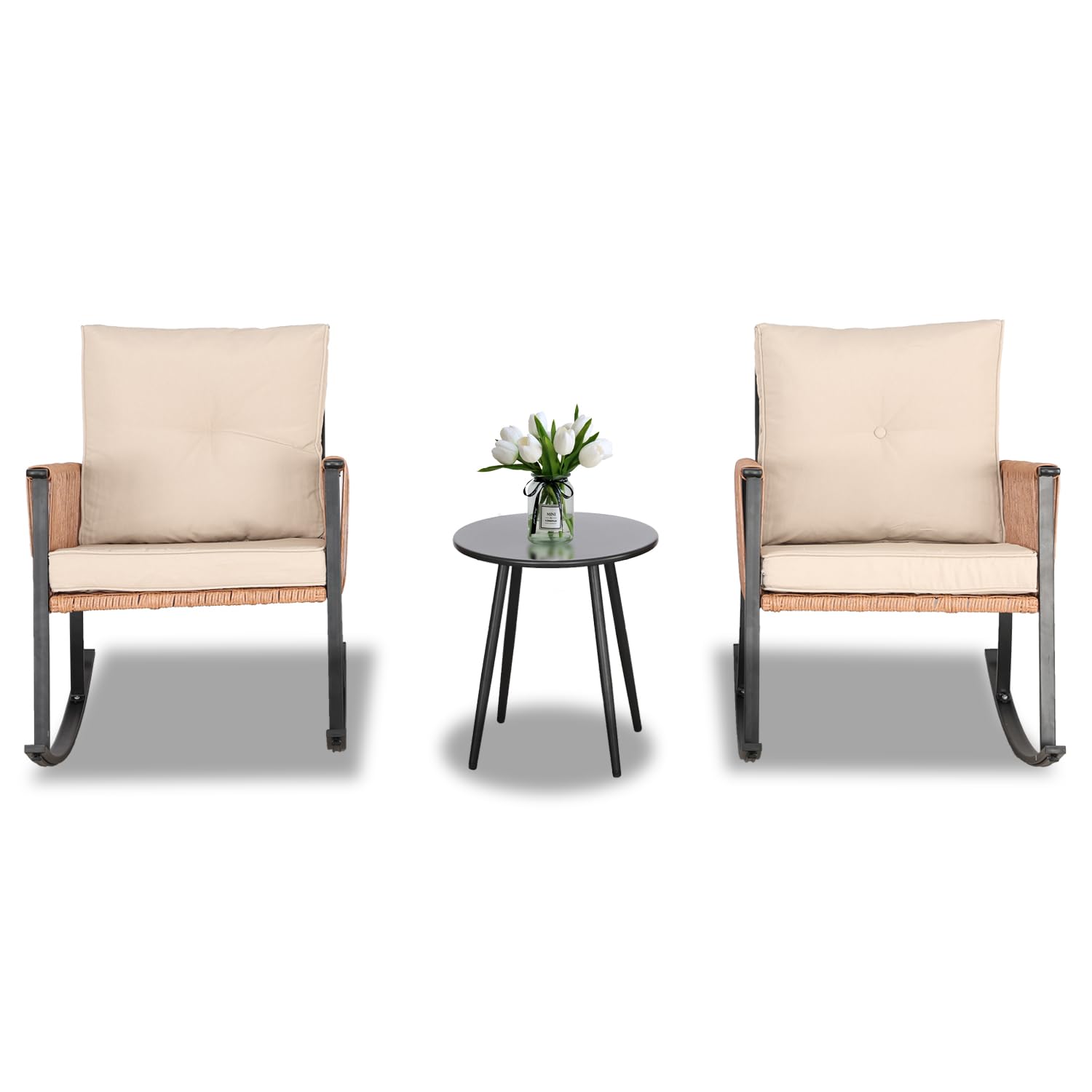 3-Piece Oversized Rattan Rocking Bistro Set with Thick Cushions & Coffee Table - Outdoor Patio Furniture for Balcony, Garden, Poolside (Tan-Beige) | Perfect for Relaxing, Entertaining & Enjoying Summer Evenings