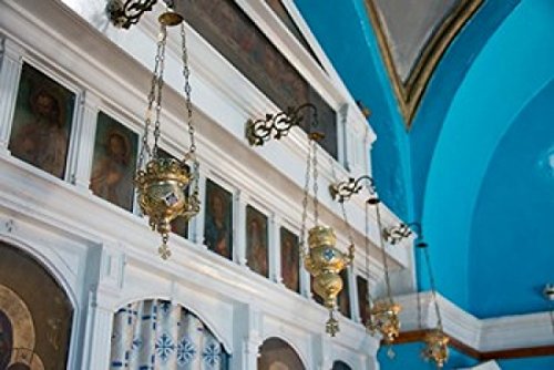 Greece Cyclades Mykonos Hora Church Wall Art Print - Vintage Icons & Oil Lamps Poster by Cindy Miller Hopkins (37x25 inches) - Perfect for Home Decor, Office Wall Art & Mediterranean Theme Room Design