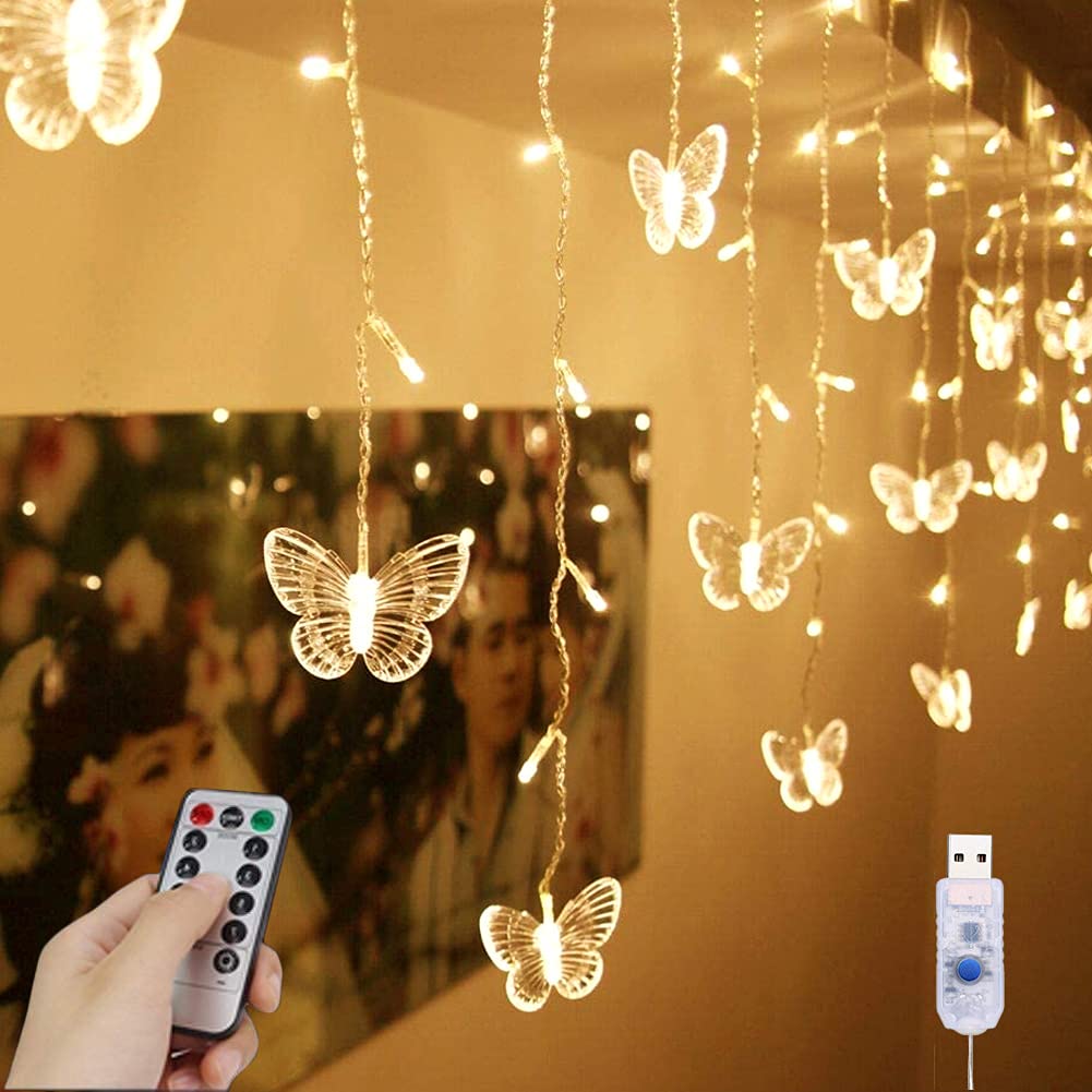 YOLIGHT USB Powered 8.2ft 80 LED Icicle Curtain String Lights with Remote - Butterfly Fairy Lights for Indoor Outdoor Decor, Room, Garden, Wall, Wedding & Christmas - Warm White | Perfect for Bedroom Ambiance, Party Decorations and Holiday Lighting
