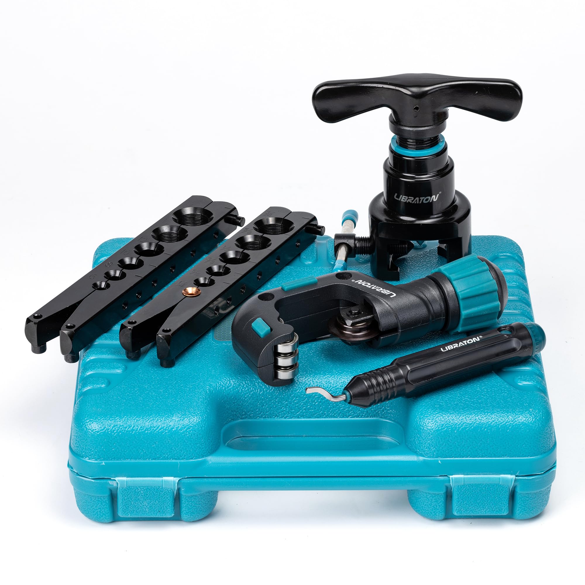 LIBRATON HVAC Flaring Tool Kit - 45° Eccentric Single Flare Tool for 1/4''-3/4'' & 6-19mm Copper Pipes - Includes Pipe Cutter & Deburring Tool for Copper/Aluminum Pipes - Perfect for HVAC Installation, Plumbing & Auto AC Repair