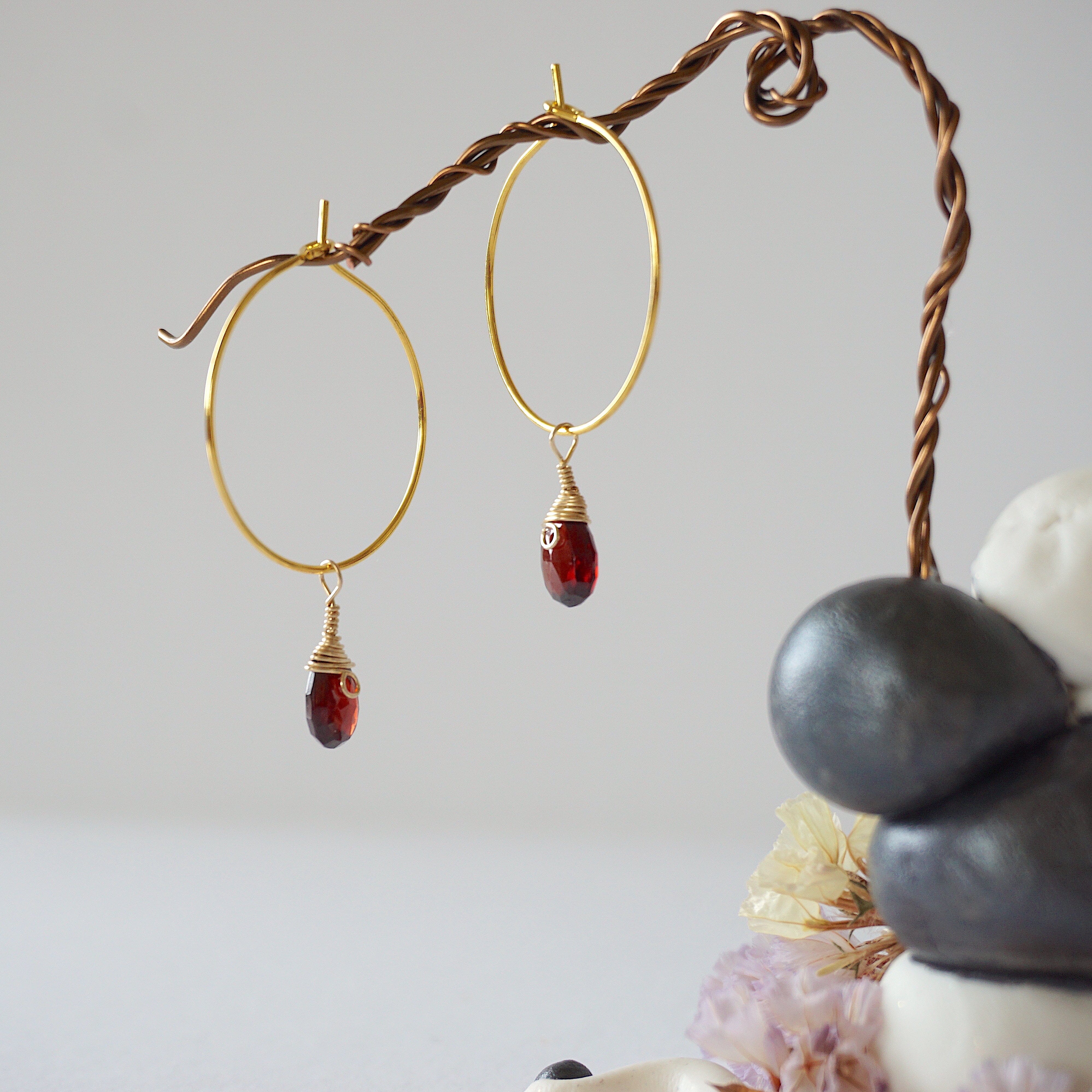 Garnet Charm Gold Plated Hoop Earrings for Women - Elegant Dangle Jewelry for Party, Wedding & Everyday Wear