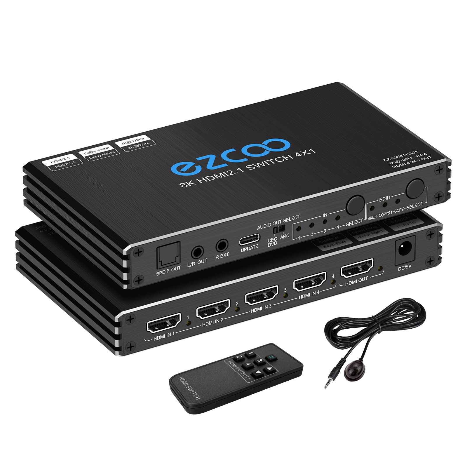 4K@120Hz HDMI 2.1 Switch 4 in 1 Out with Audio Extractor & IR Remote - HDCP 2.3, ARC, CEC, VRR, ALLM - Supports HDR10, 3D, Dolby Atmos - Compatible with TV, PS5, Xbox, Fire Stick, Blu-ray, Projector for Home Theater & Gaming Setup