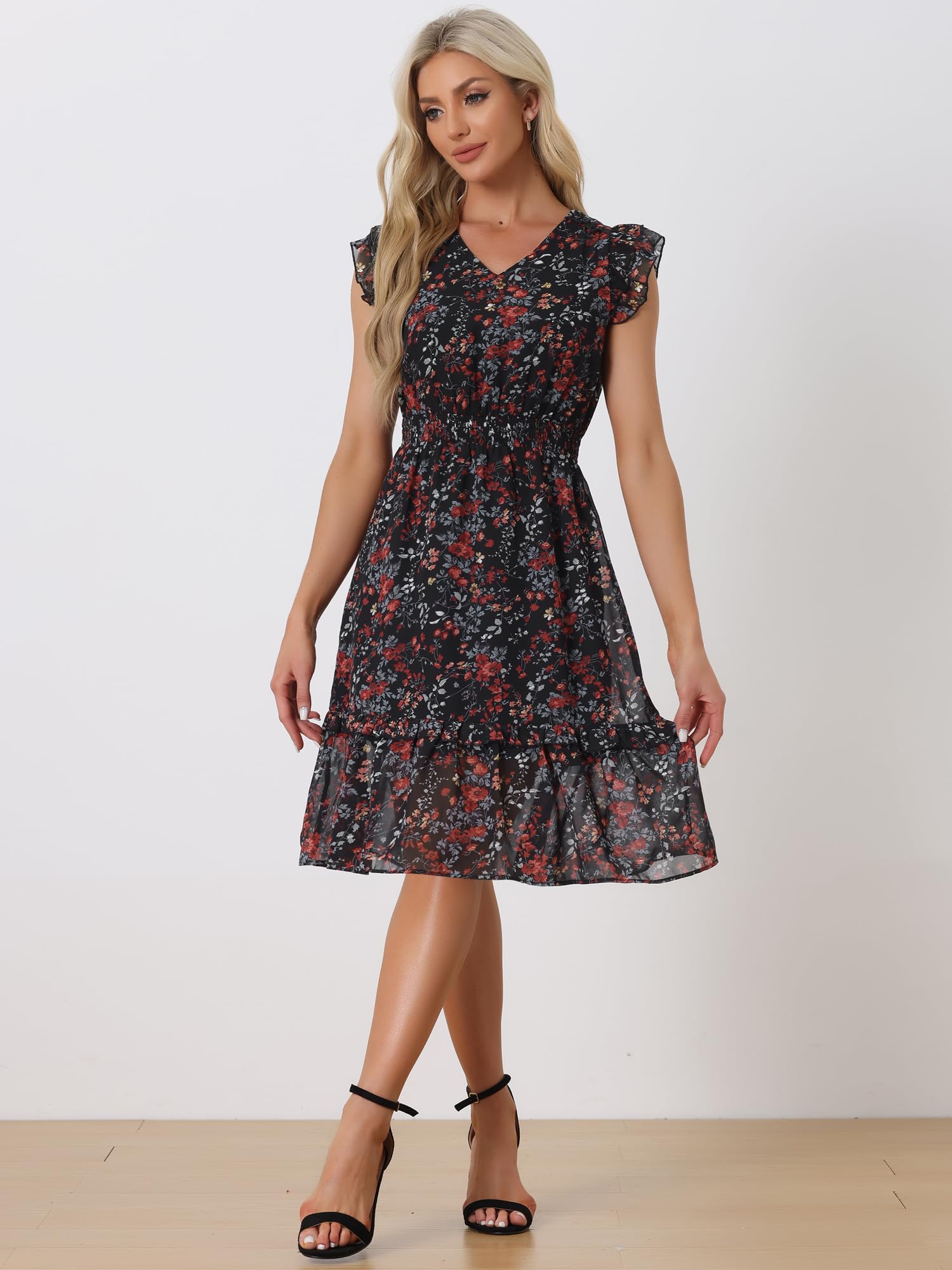 Allegra K Women's Floral Print Flutter Sleeve V-Neck Smocked Ruffle Dress - Perfect for Summer Weddings, Garden Parties & Date Nights