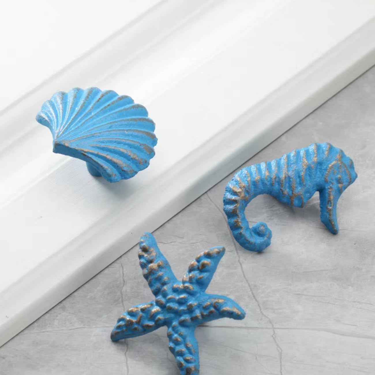 Ocean-Themed Cabinet Knobs - Seahorse, Starfish, Seashell & Crab - Pack of 4 (Blue) - Perfect for Beach House Kitchen & Bathroom Decor