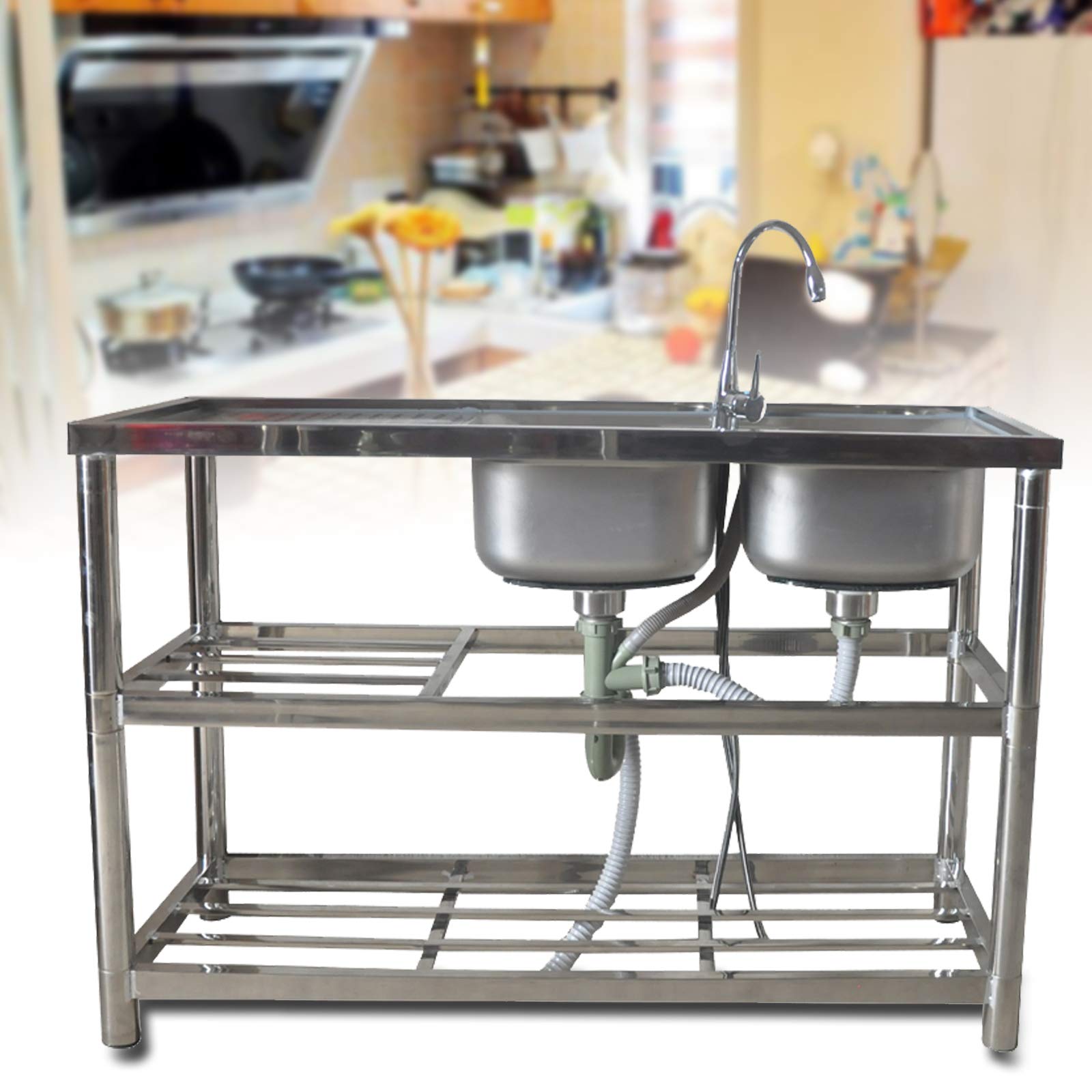 Commercial Stainless Steel Kitchen Sink with Faucet & Drainer - Double-Layer Bracket Workbench for Catering & Restaurant Use - Heavy Duty Food Prep, Dishwashing & Commercial Kitchen Utility