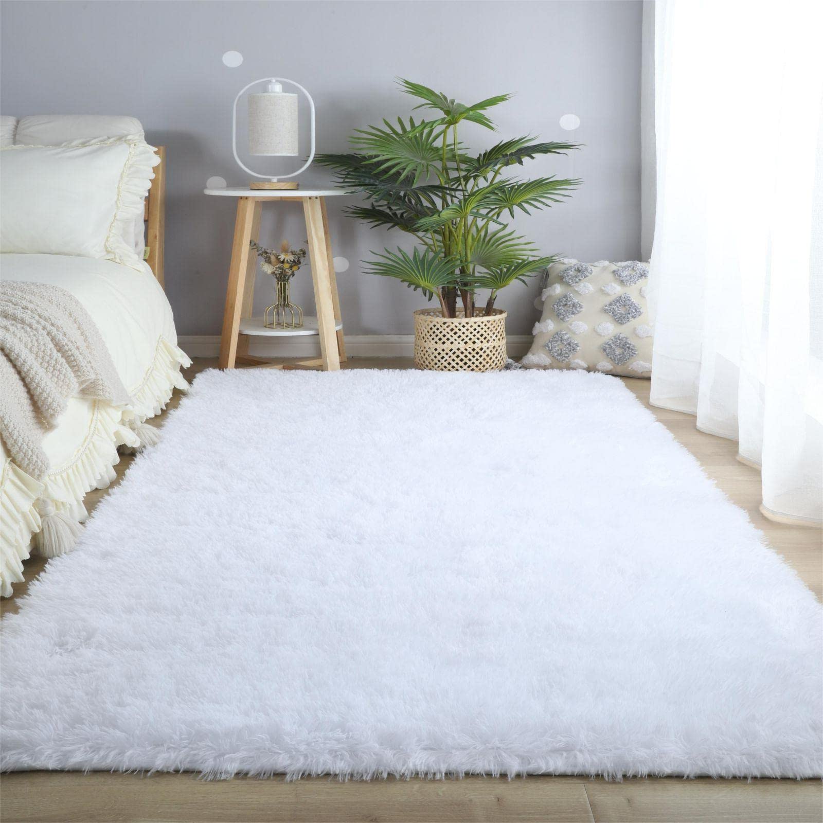 CAIYUECS Shag Area Rug - Ultra Soft Plush Indoor Rug for Bedroom, Living Room & Nursery | Non-Slip Modern Faux Fur Carpet for Kids Room & Home Decor (4x6 Feet, White) - Perfect for Cozy Spaces, Family Rooms & Stylish Home Interiors