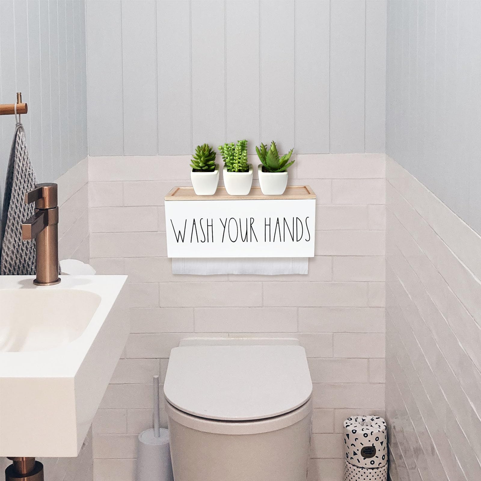 Farmhouse Paper Towel Dispenser with Lid - Wall Mount or Countertop Holder for Multifold, C Fold, Z Fold, Trifold Hand Towels - Perfect for Bathroom, Kitchen, Home & Commercial Use (White)