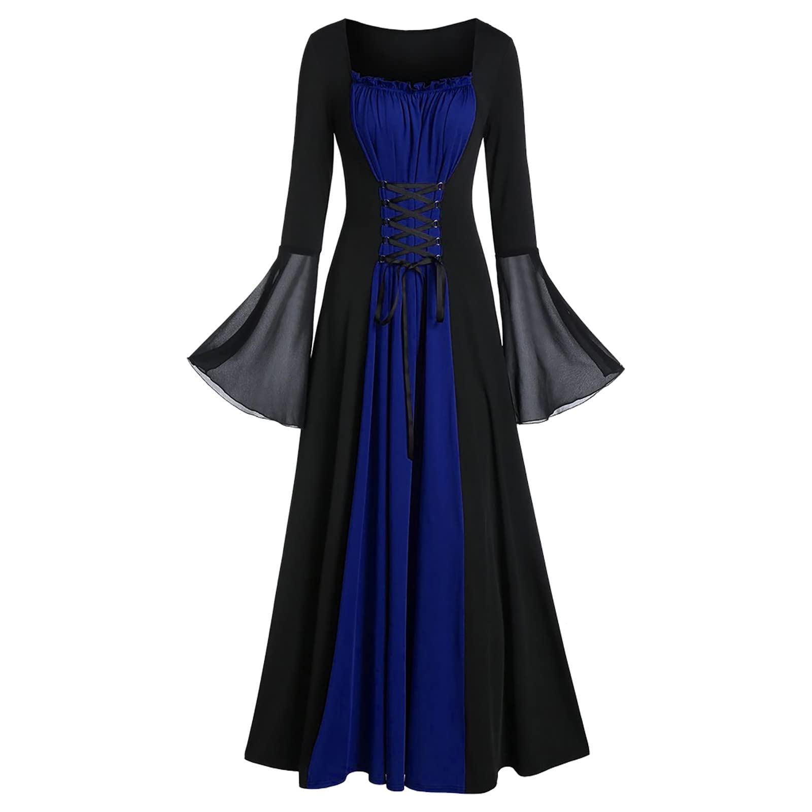 Halloween Long Gothic Dress for Women - Mesh Bell Sleeve Dark Maxi Dress with Square Neck | Perfect for Halloween Parties, Cosplay Events & Gothic Fashion Lovers