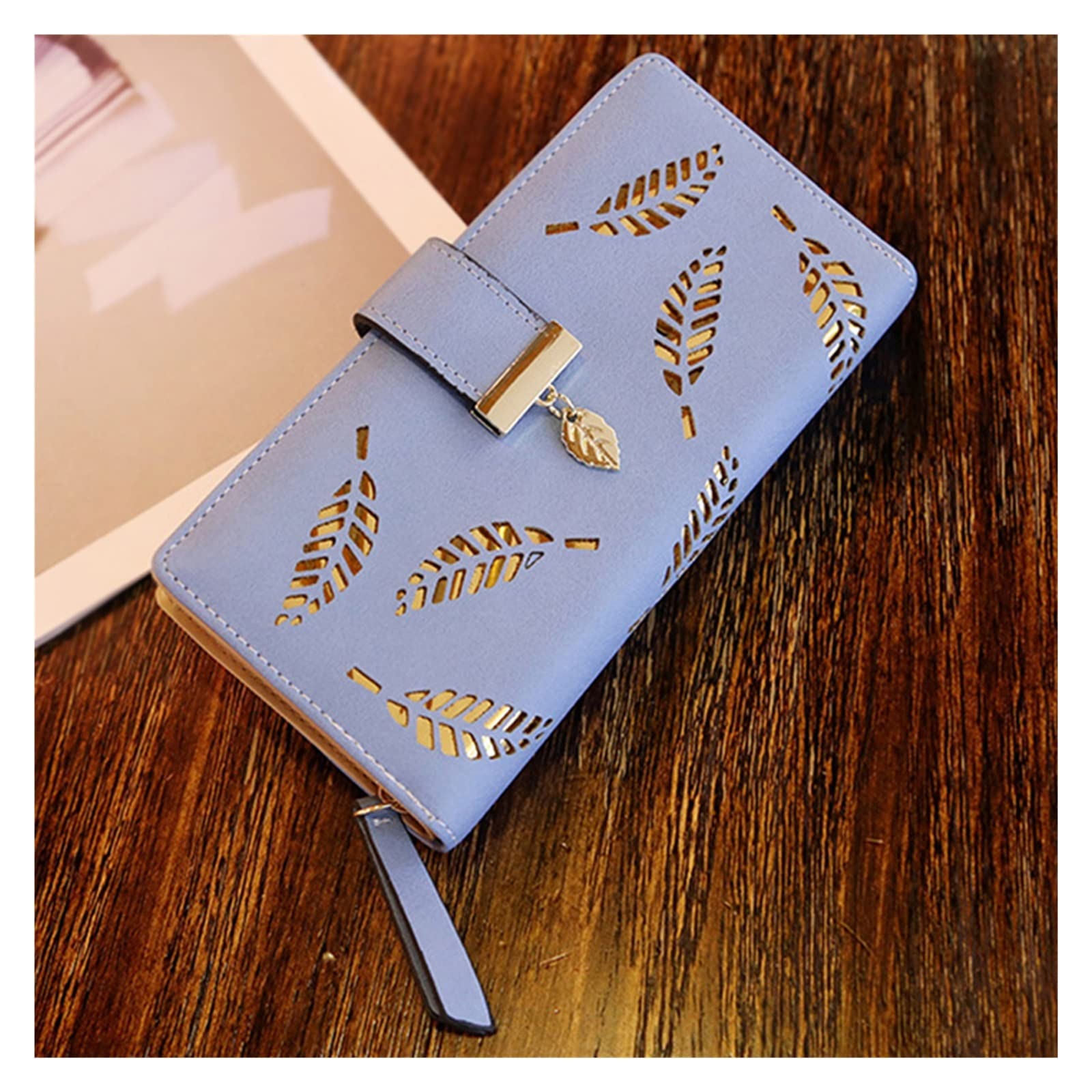 Elegant Blue PU Leather Women's Wallet - Long Hollow Leaf Design Coin Purse with Card Slots (9.5 x 18.5cm) - Perfect for Everyday Use, Travel & Gift Giving
