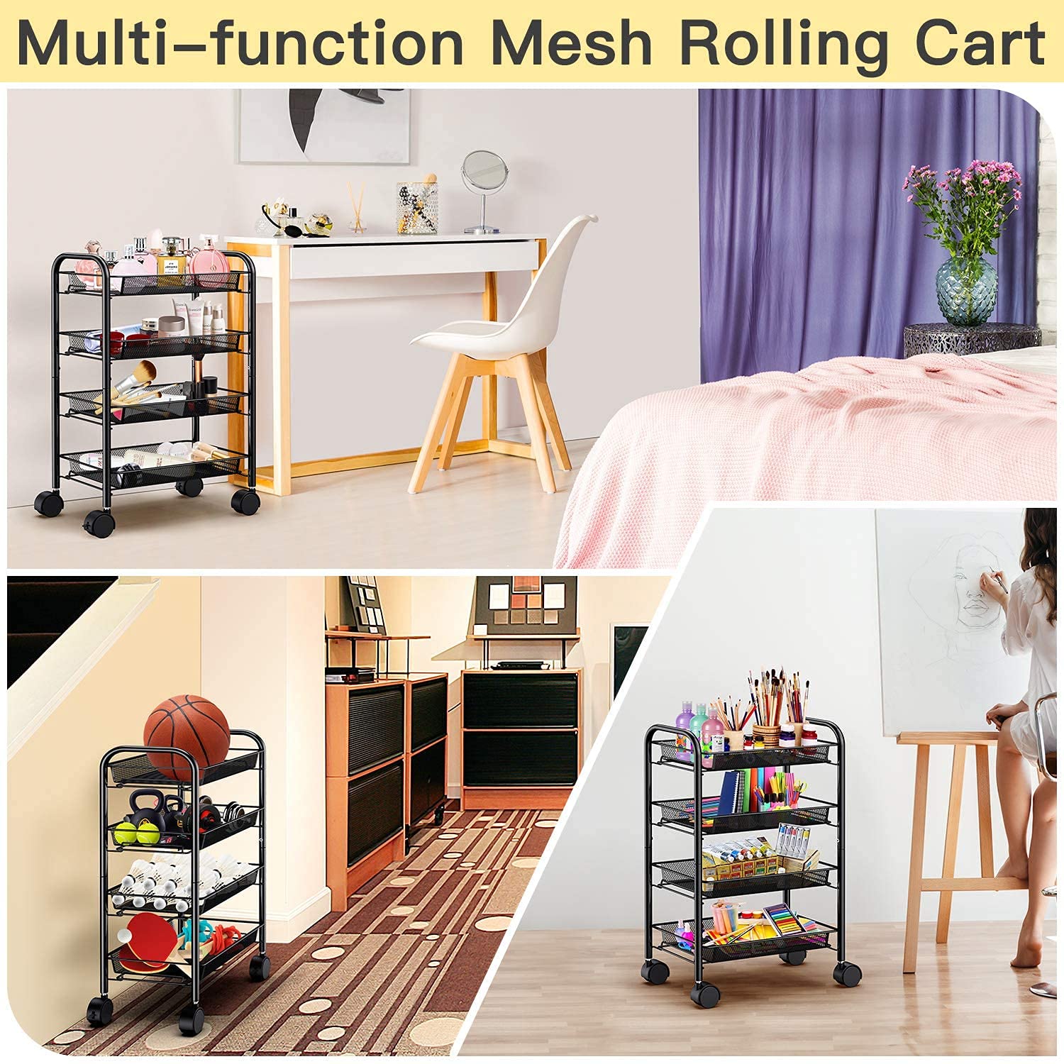 SRHWBF 3/4-Tier Mesh Wire Rolling Storage Cart with 4 Wheels (2 Lockable) - Multifunctional Utility Organizer for Home, Office, Kitchen, Bathroom & Bedroom - Perfect for Pantry Storage, Laundry Room Organization & Garage Shelving