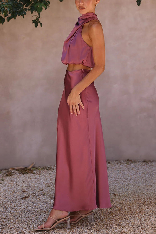 Such A Vibe Women's High Neck Satin Drape Maxi Skirt Set - Elegant Evening Dress for Parties, Weddings & Special Occasions
