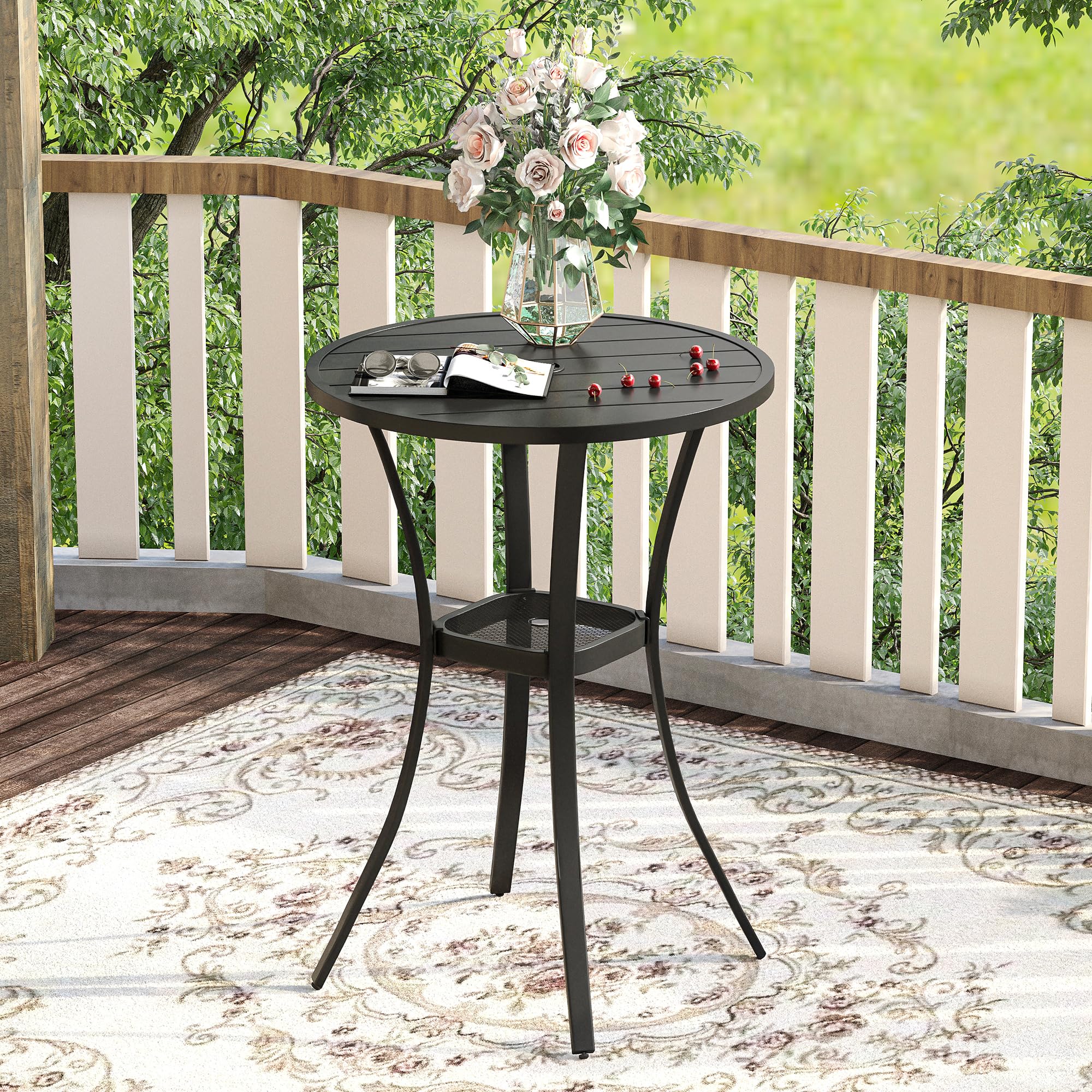 VICLLAX 28 Inch Round Outdoor Bar Table - Adjustable Height Patio Dining Table with Umbrella Hole for Balcony, Garden, Poolside - Weather Resistant Black Metal Bar Table for Outdoor Entertaining & Relaxation