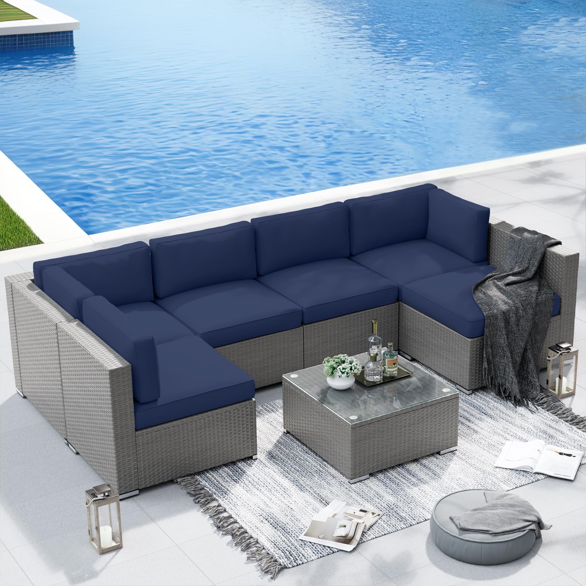 7-Piece Outdoor Patio Furniture Set - Grey Wicker Sectional Sofa with Coffee Table & Dark Blue Cushions | Weather-Resistant Conversation Set for Backyard, Poolside & Garden | Perfect for Entertaining & Relaxing