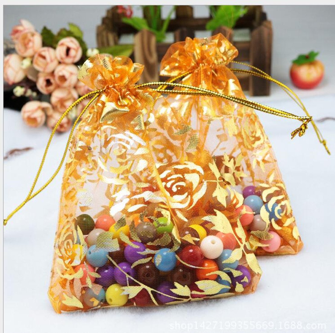 100pcs Rose Pattern Organza Wedding Favor Bags 4x6 Inch - Sheer Drawstring Jewelry Pouches for Christmas Party, Bridal Shower, Baby Shower & Birthday Gifts (Orange)
