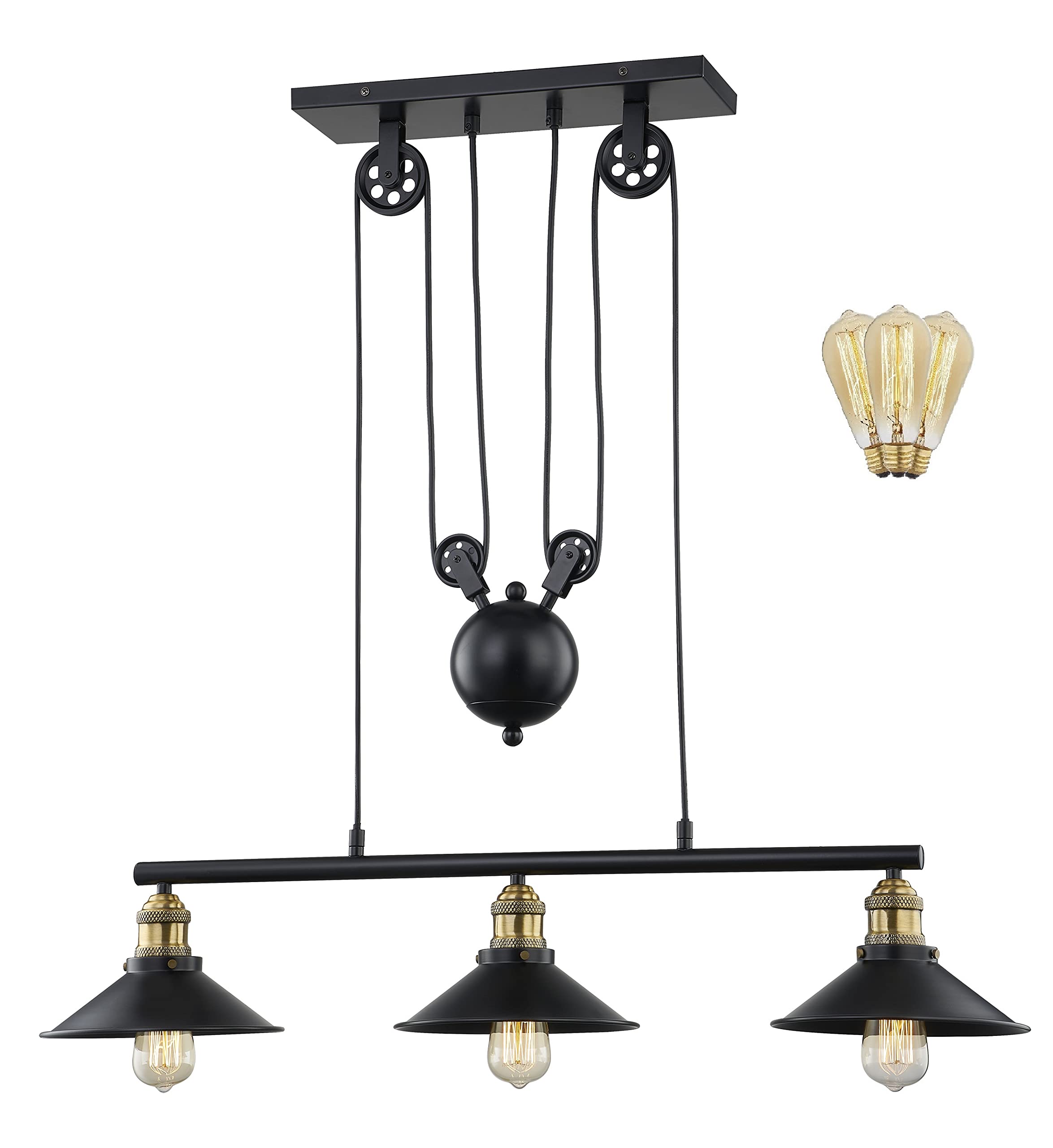 WOXXX 3-Light Adjustable Industrial Farmhouse Chandelier - Vintage Rustic Pulley Pendant Lighting Fixture for Kitchen Island, Dining Room, Foyer - Black Modern Ceiling Light for Home Decor & Restaurant Ambiance