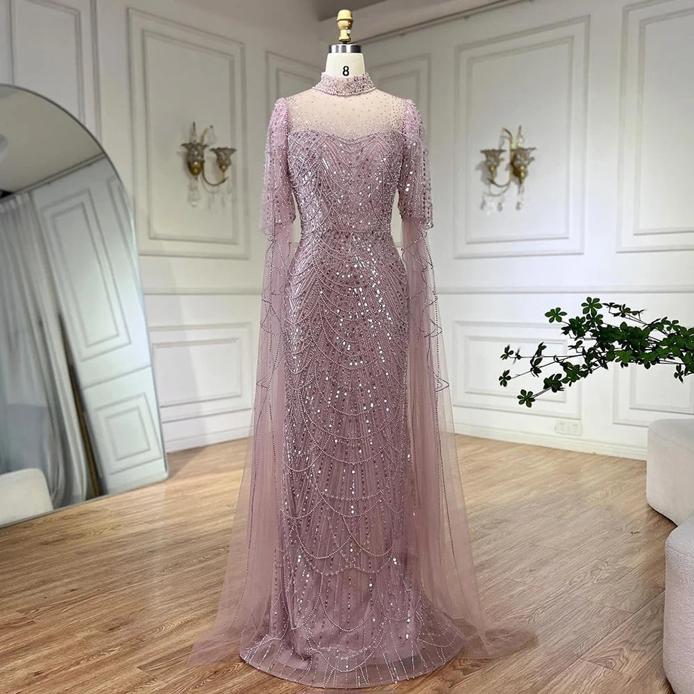 Luxury Dubai Pink Cape Sleeves Mermaid Beaded Arabic Evening Dress for Women - Elegant Long Gown for Wedding, Party & Special Occasions - Serene Hill LA71992A