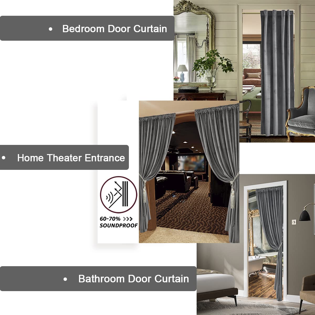 XTMYI Grey Velvet Privacy Room Divider Curtains - Soundproof Folding Screen for Office, Bedroom & Living Room | Back Tab Door Hanging Panel for Indoor Partition (60-70% Noise Reduction) - Perfect for Home Offices, Studio Apartments & Room Separation