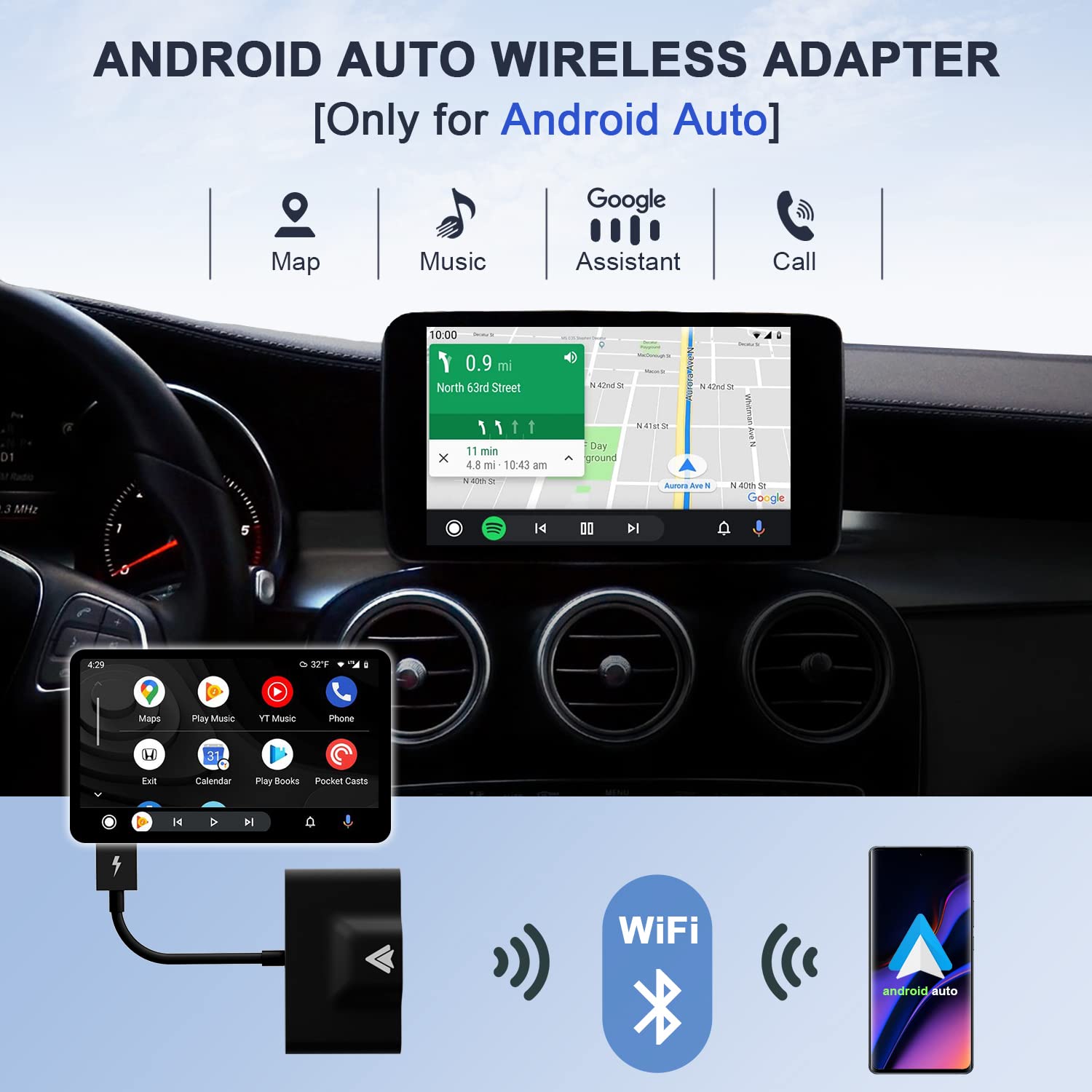 Teeran Wireless Android Auto Adapter - Plug & Play Dongle for OEM Wired Android Auto Cars | Converts Wired to Wireless | Compatible with Android Phones | Easy Setup | Black | Perfect for Commuting & Road Trips