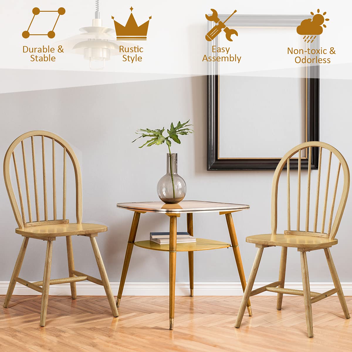 KOTEK Solid Wood Dining Chairs Set of 4 - Natural Windsor Spindle Back Chairs with Wide Seat - Farmhouse Style Side Chairs for Dining Room, Kitchen, Restaurant & Home Decor - Perfect for Family Gatherings, Dinner Parties and Country Style Interior Design