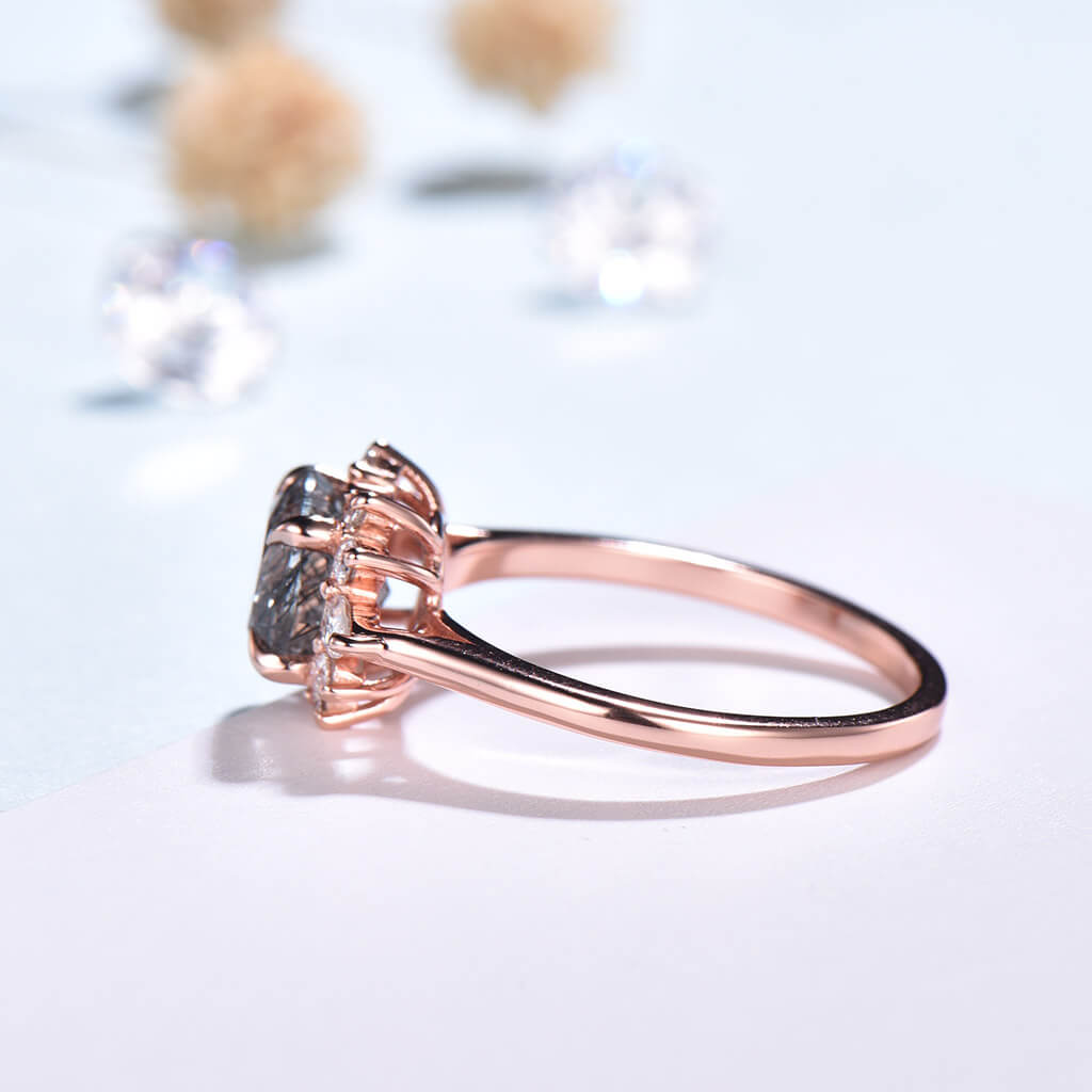 Vintage Rose Gold Round Black Rutilated Quartz Engagement Ring with Pear Moissanite - Unique Cluster Bridal Wedding Ring Gift for Women - Perfect for Proposals, Anniversaries & Special Occasions