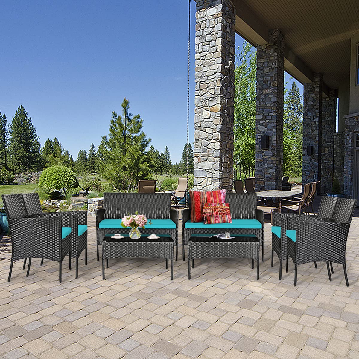 HappyGrill 8-Piece Outdoor Patio Furniture Set - Rattan Wicker Conversation Sofa Set with Tempered Glass Top Table & Removable Cushions - Perfect for Poolside, Garden, Backyard, and Patio Relaxation