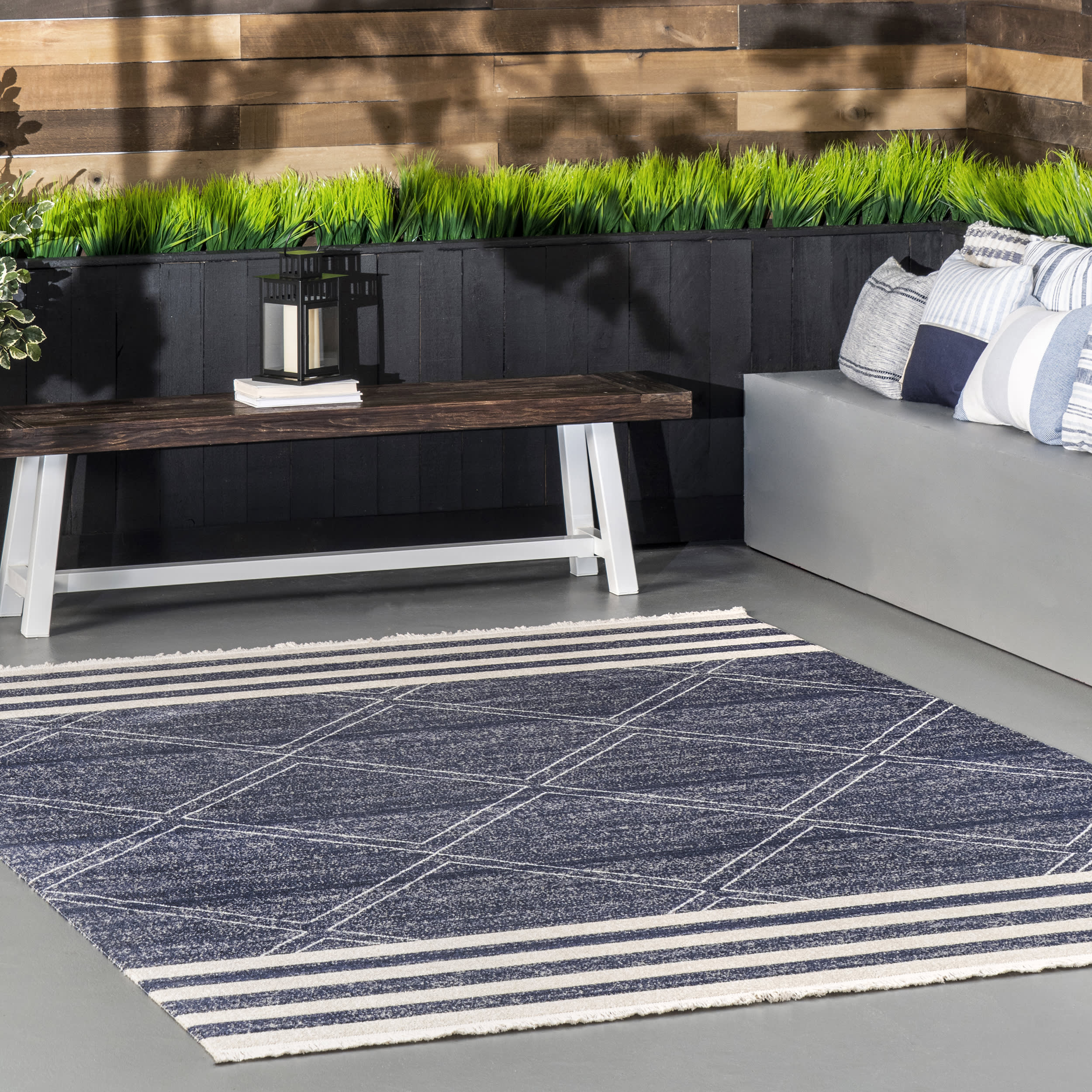 Diamonds and Stripes Fringe Indoor/Outdoor Rug - Navy Blue Bohemian Style Area Carpet for Living Room, Bedroom, Patio Decor