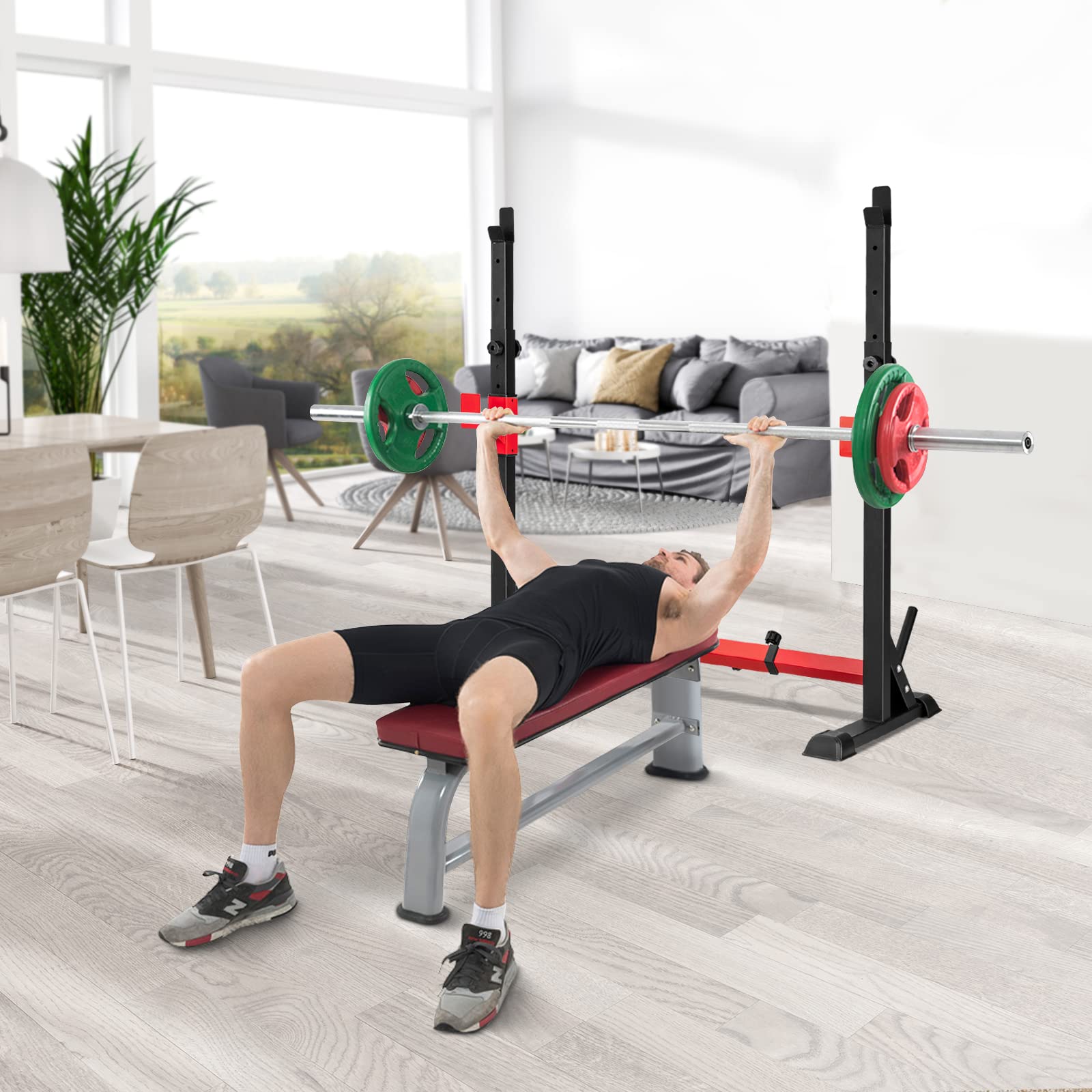 Goplus Adjustable Barbell Rack Stand - Multi-Function Squat Rack & Dip Station with Weight Plate Storage - 600LBS Capacity Home Gym Equipment for Weight Lifting, Bench Press & Strength Training - Perfect for Garage, Basement & Home Workout Spaces
