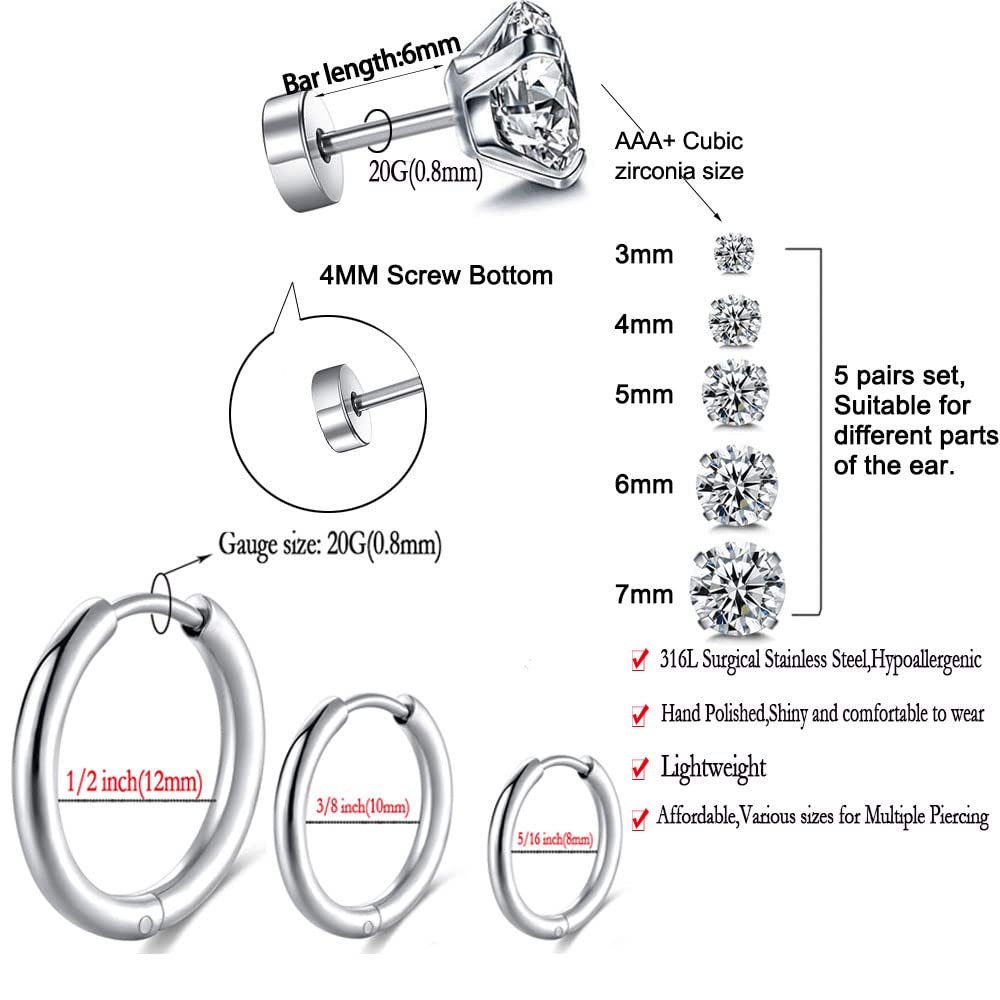 Hypoallergenic 14K Gold Plated Surgical Stainless Steel Stud & Hoop Earrings Set for Women & Men - 8 Pairs Dainty Cartilage, Flat Back CZ Earrings for Multiple Piercings | Perfect for Everyday Wear, Gifts & Special Occasions