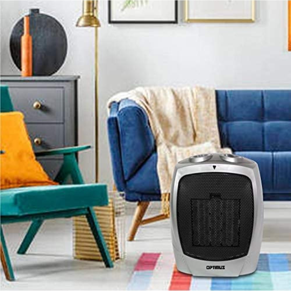 Optimus H-7004 Silver Portable Ceramic Space Heater with Adjustable Thermostat - Perfect for Home, Office & Bedroom Warmth
