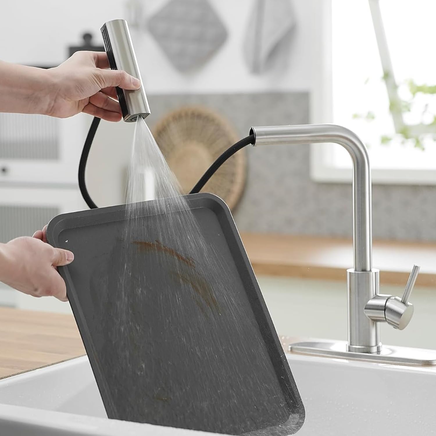 YUUTY Modern Brushed Nickel Kitchen Faucet with Pull Down Sprayer - 360° Swivel Single Handle Waterfall Sink Faucet for 1 or 3 Hole Installation (4 Function Spray Modes) - Perfect for Home Kitchen Renovation & Daily Cooking Tasks