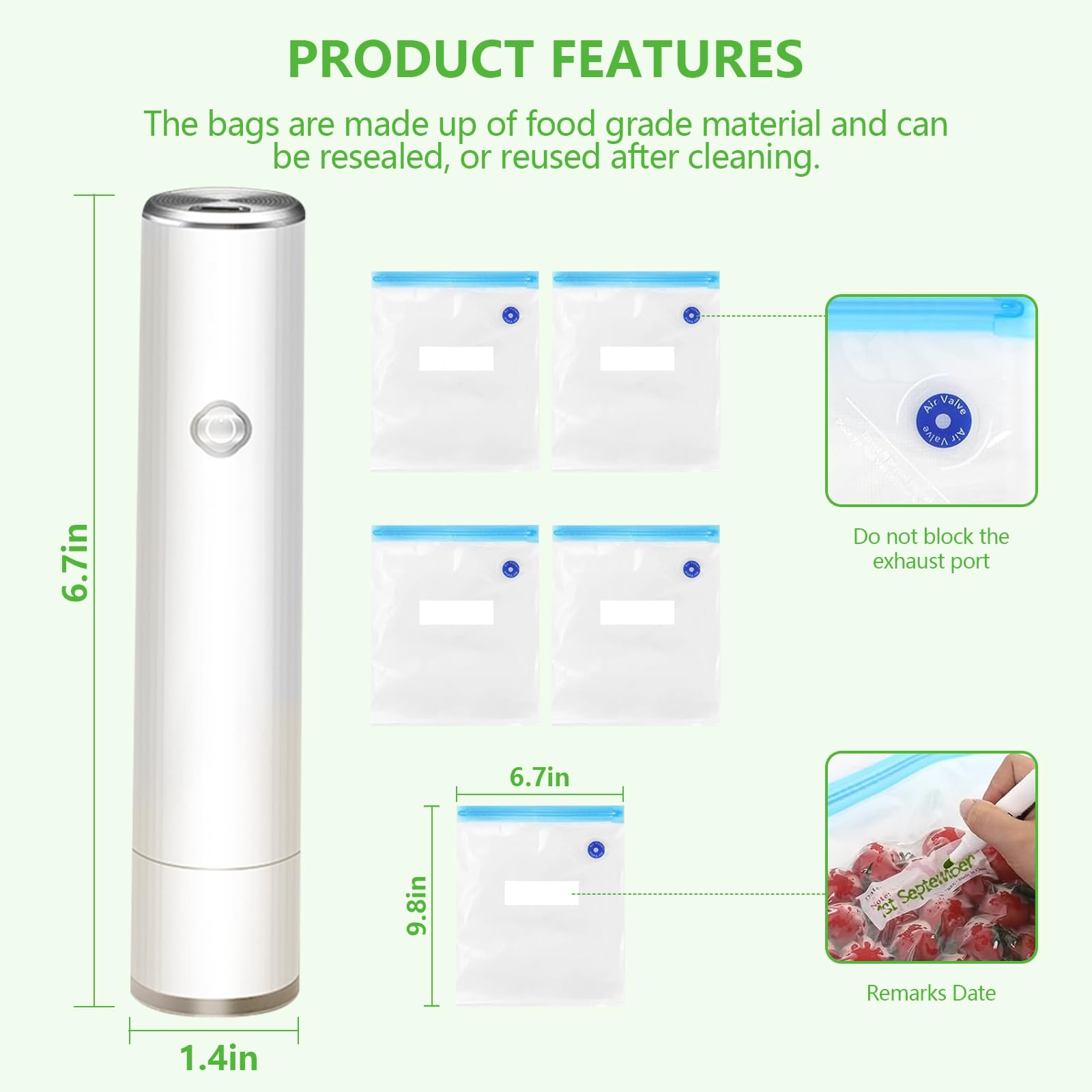 Portable Mini Vacuum Sealer for Food Preservation - 5 Reusable Bags for Home & Travel